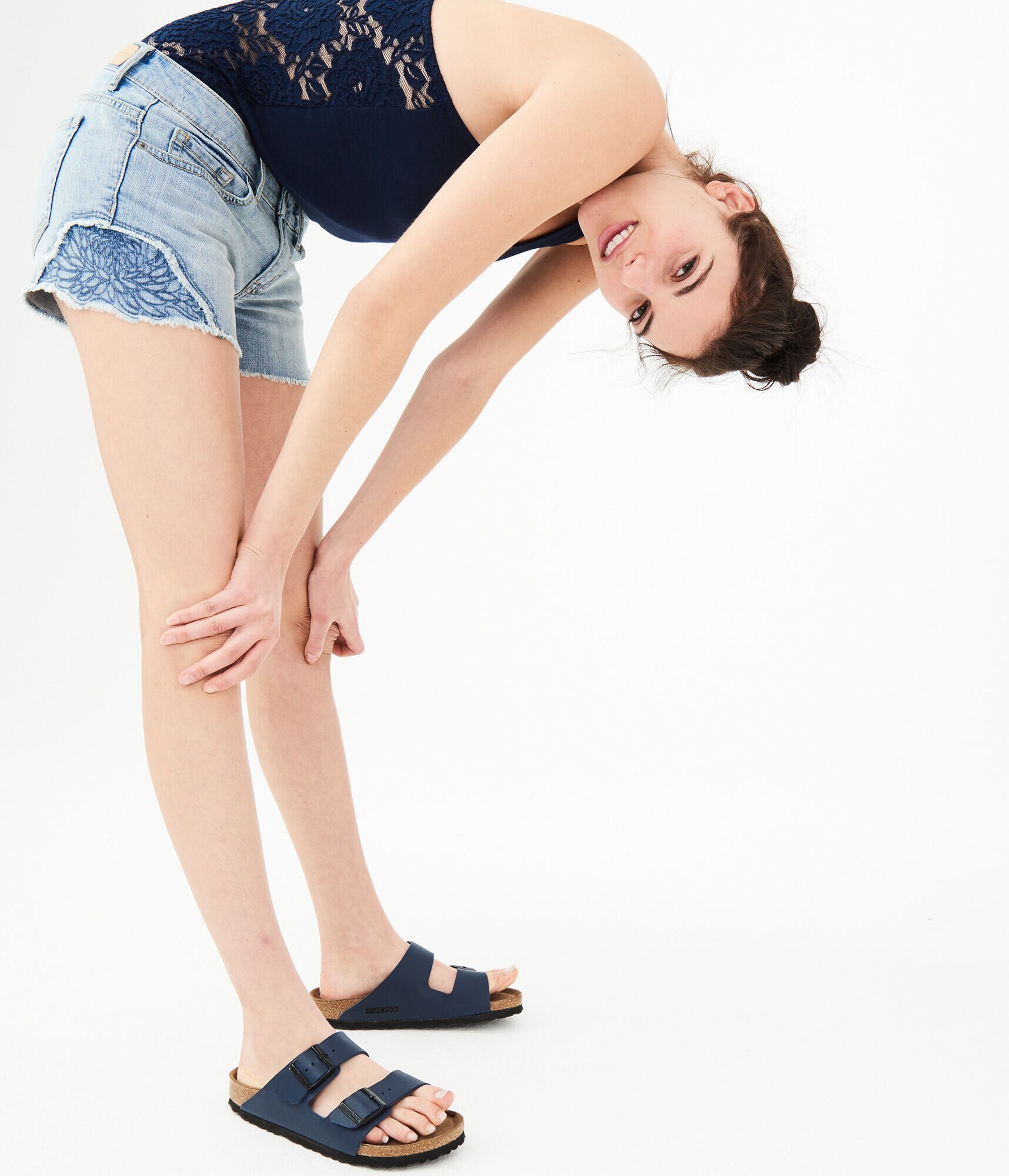 Light Wash Embroidered Inset Denim Midi Shorts