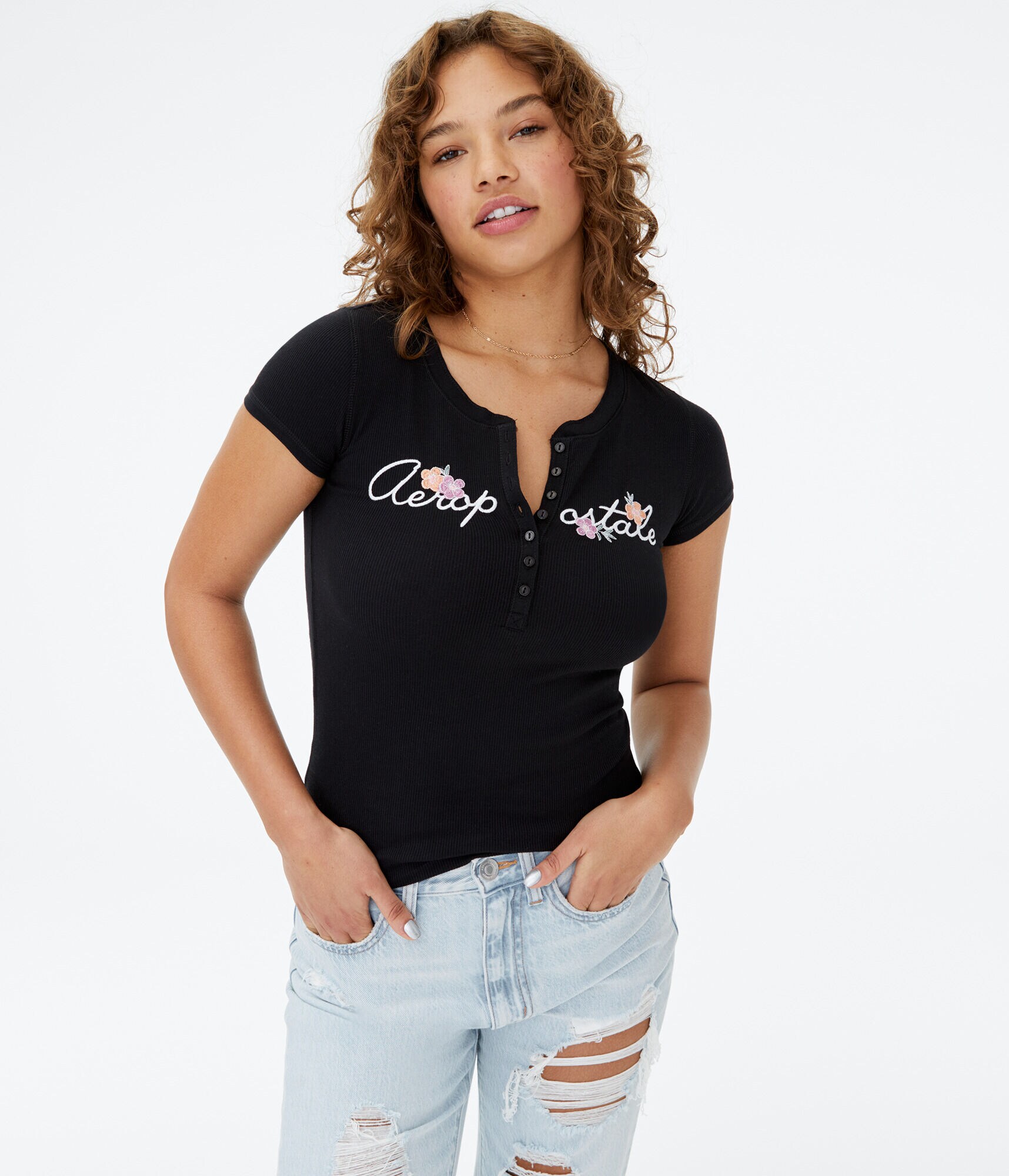 Floral Aeropostale Script Graphic Henley