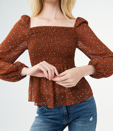 Long Sleeve Floral Smocked Top