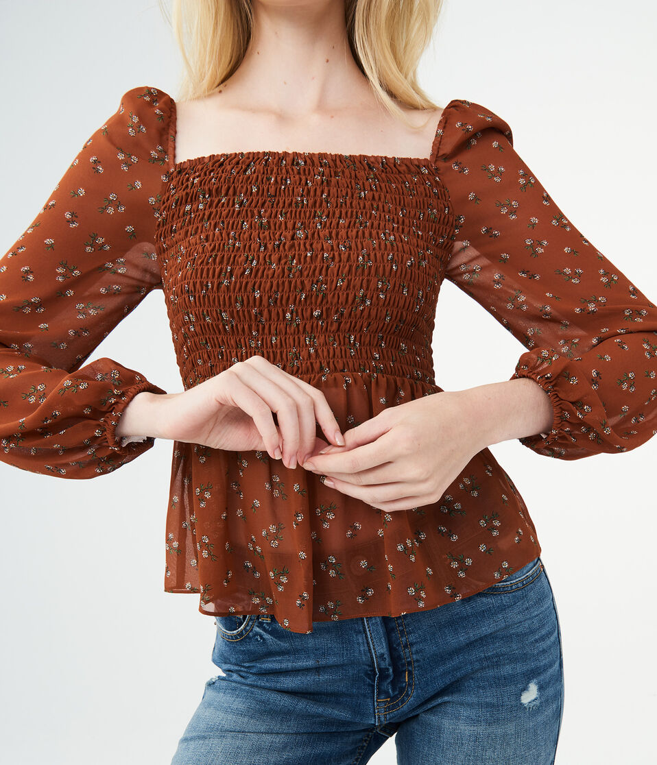 Long Sleeve Floral Smocked Top