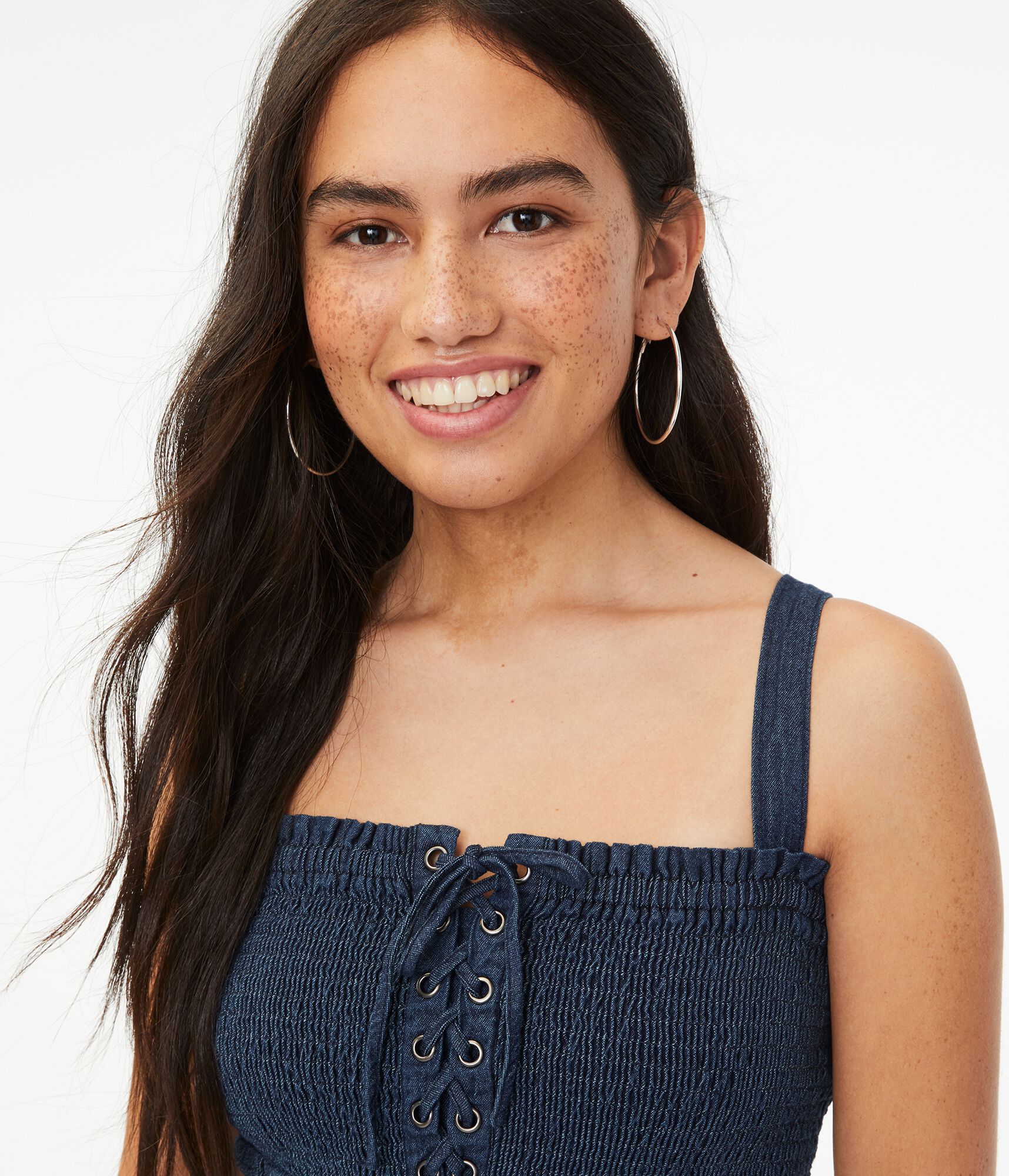 Denim Smocked Lace-Up Bodycon Dress