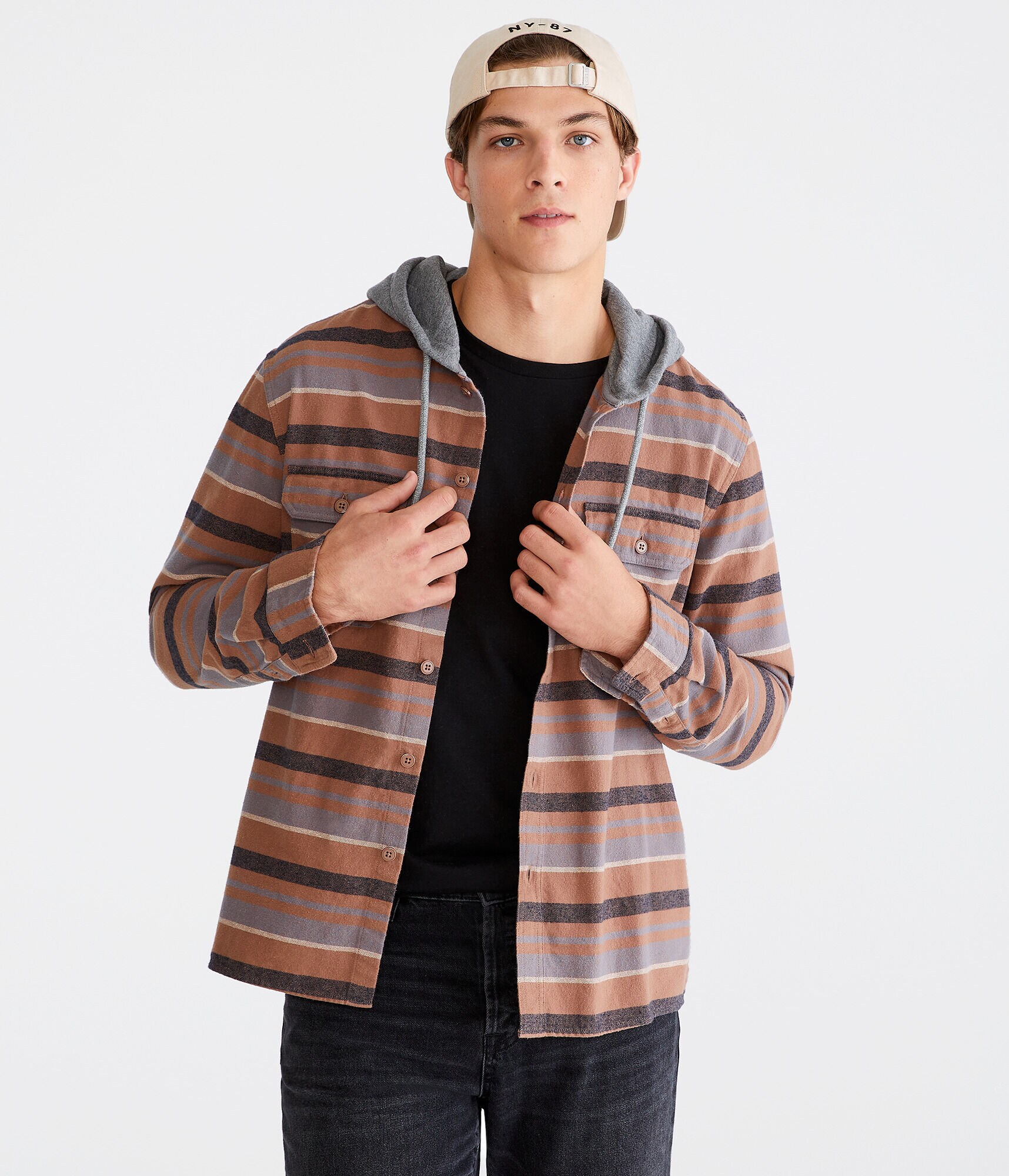 Long Sleeve Striped Hooded Flannel Shirt