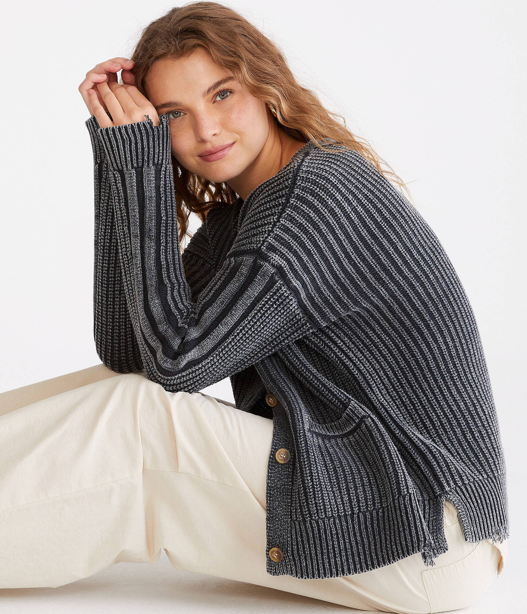 Distressed Rib-Knit Cardigan