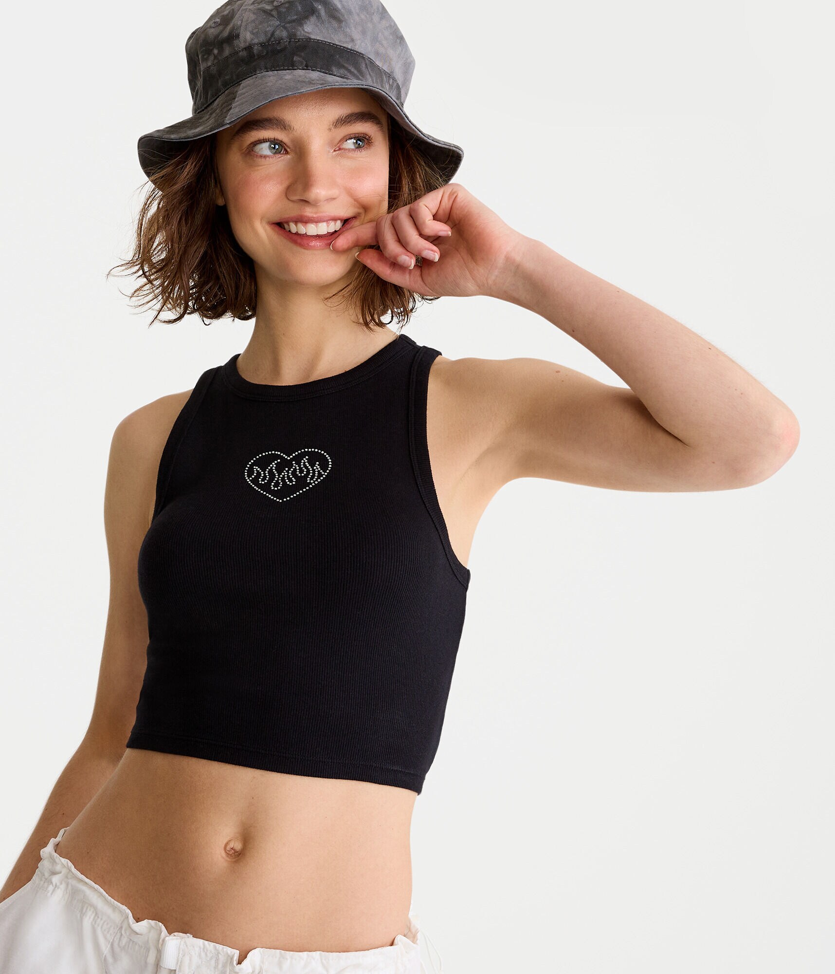 Rhinestone Heart High-Neck Cropped Tank