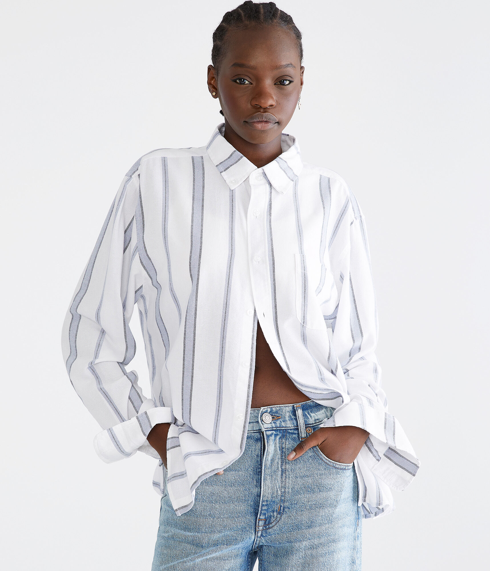 Long Sleeve Relaxed Vertical Stripe Oxford Shirt