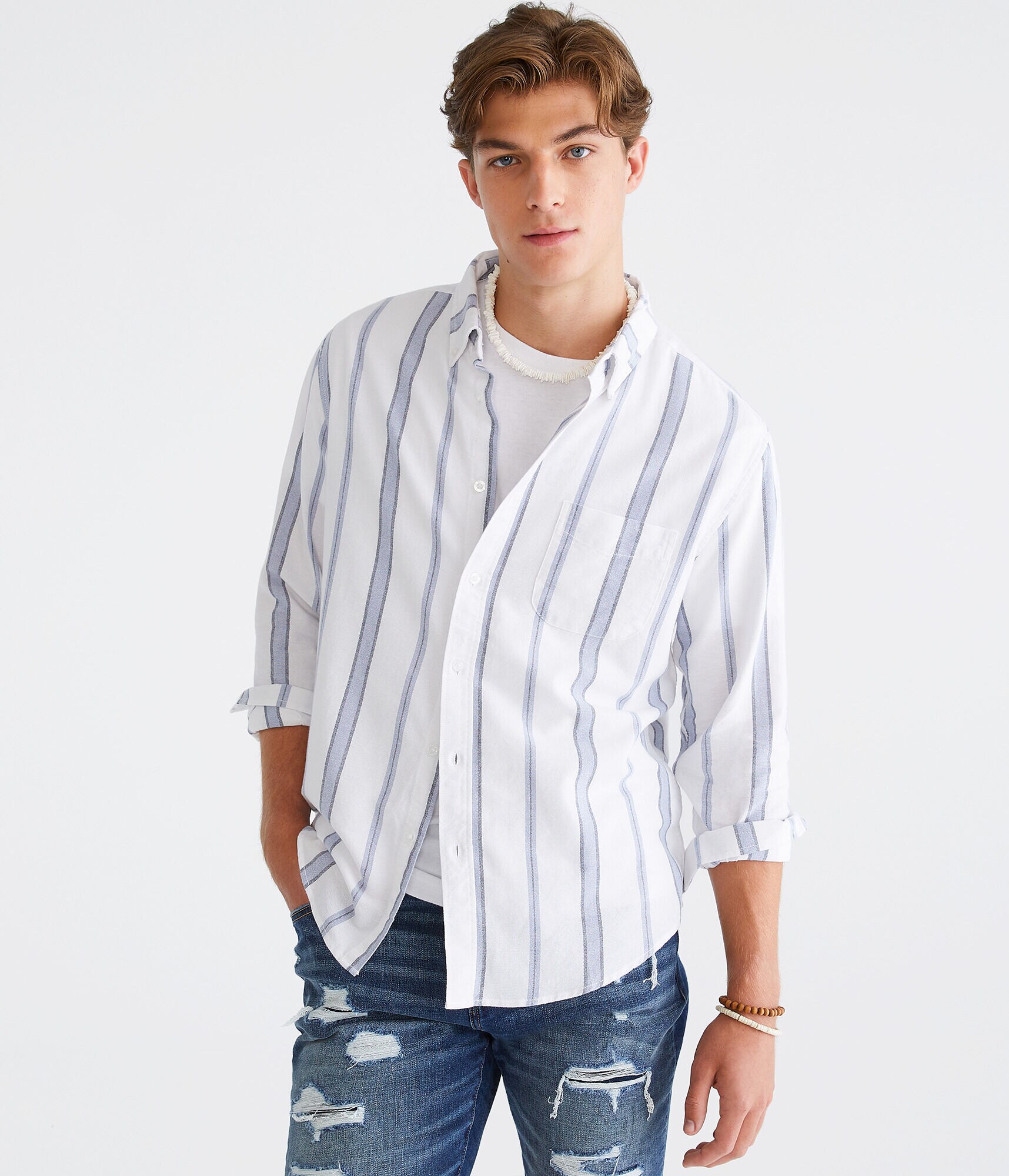 Long Sleeve Relaxed Vertical Stripe Oxford Shirt