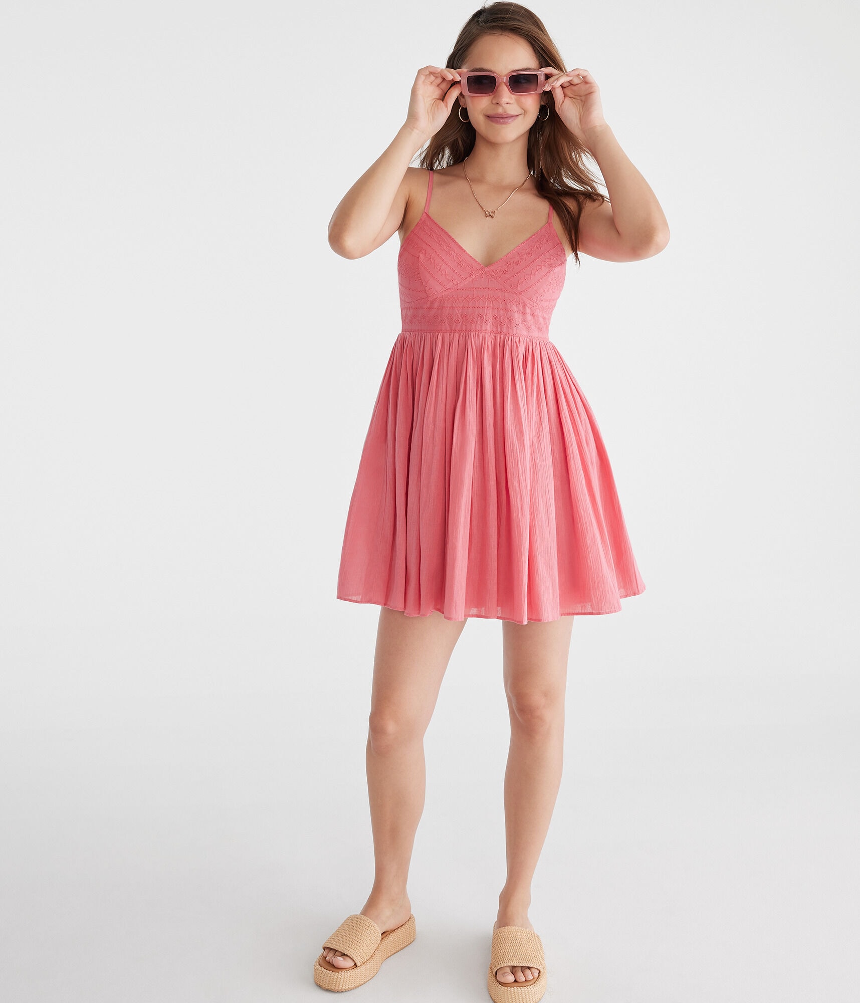 Solid V-Neck Gauze Babydoll Dress