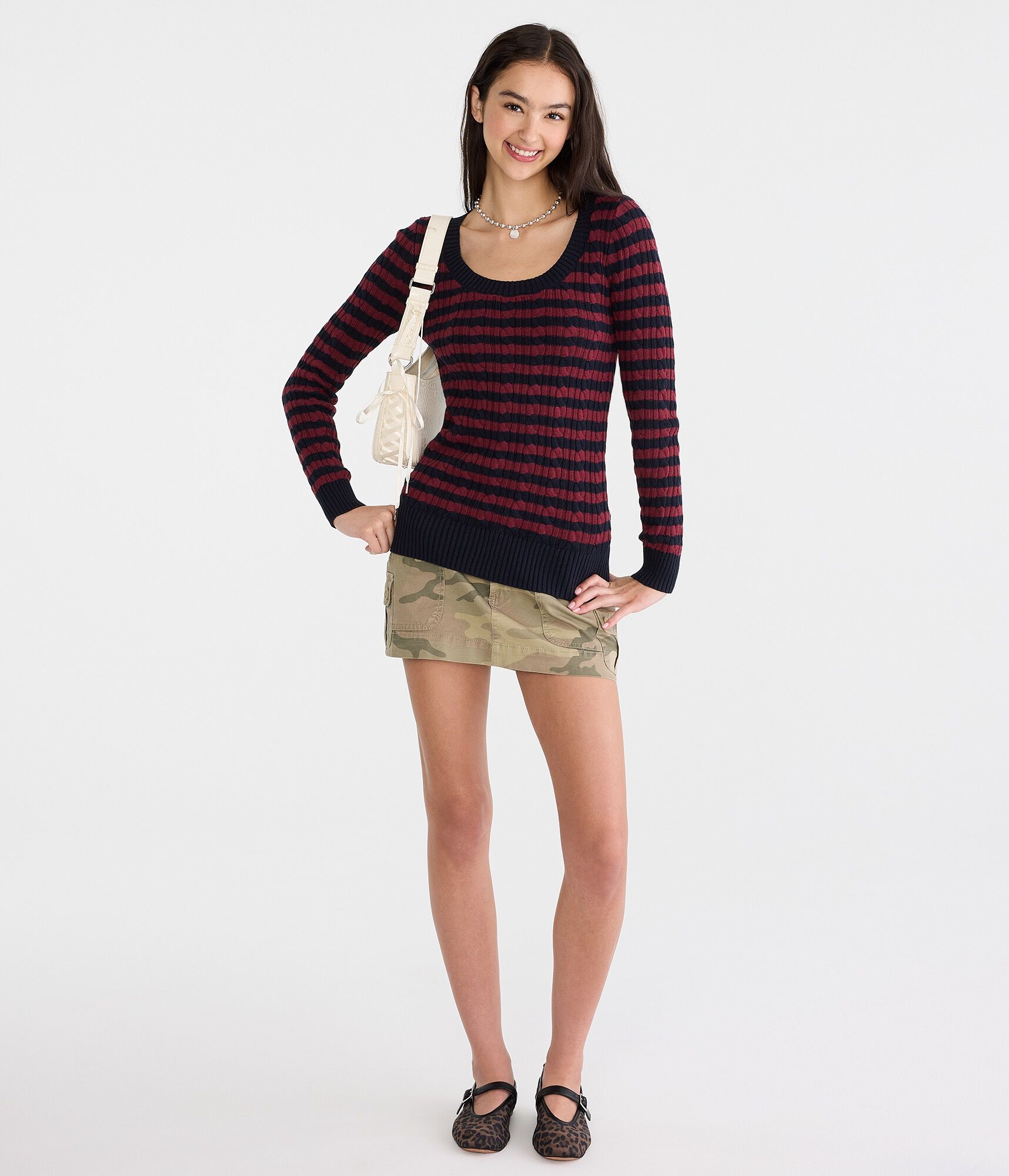 Striped Cable Scoop-Neck Sweater