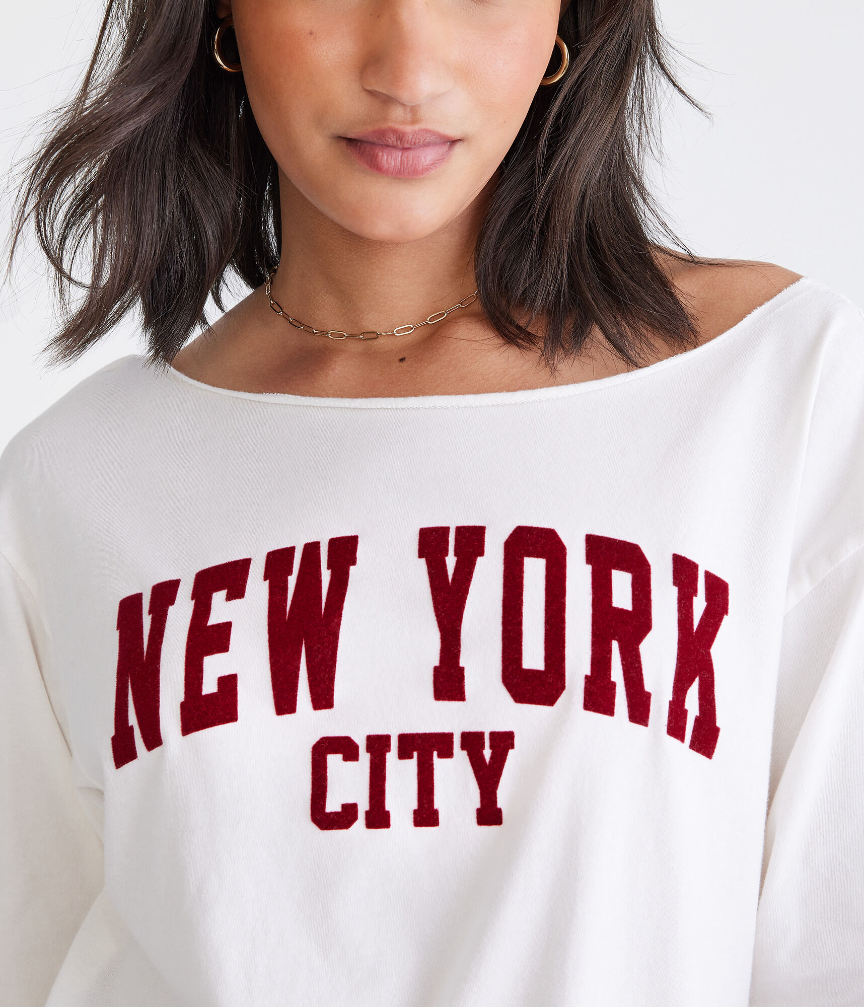 Long Sleeve New York City Off-The-Shoulder Graphic Tee