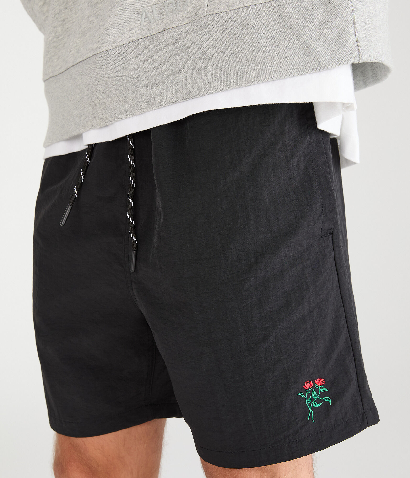 Embroidered Rose Nylon Shorts 6"