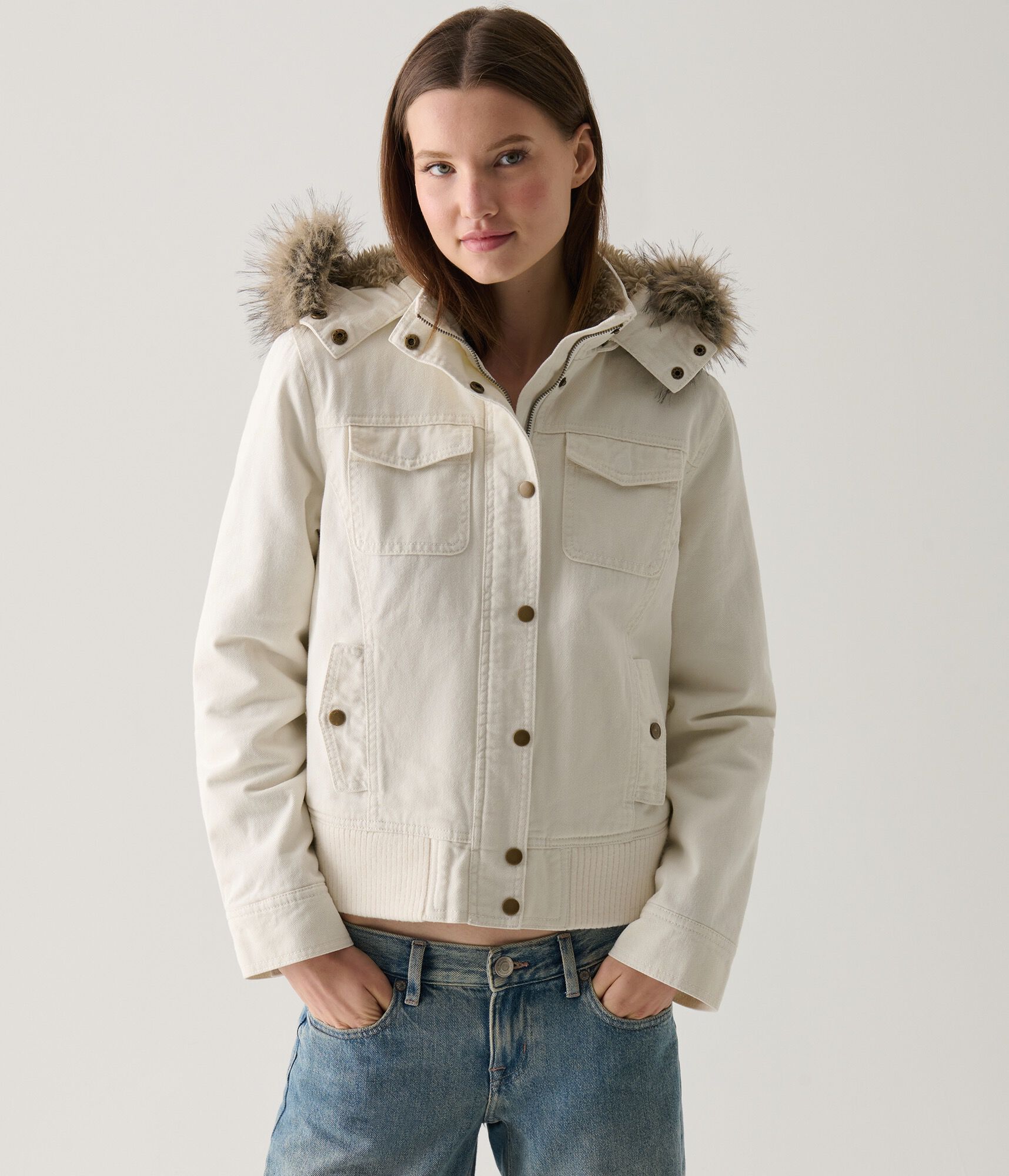 Faux Fur Hooded Full-Zip Utility Jacket