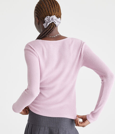 Long Sleeve Waffle Notch-Neck Shrunken Tee