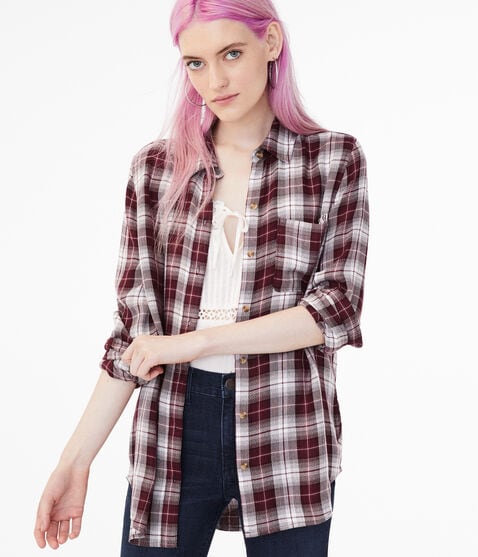 Long Sleeve Plaid Boyfriend Button-Down Shirt