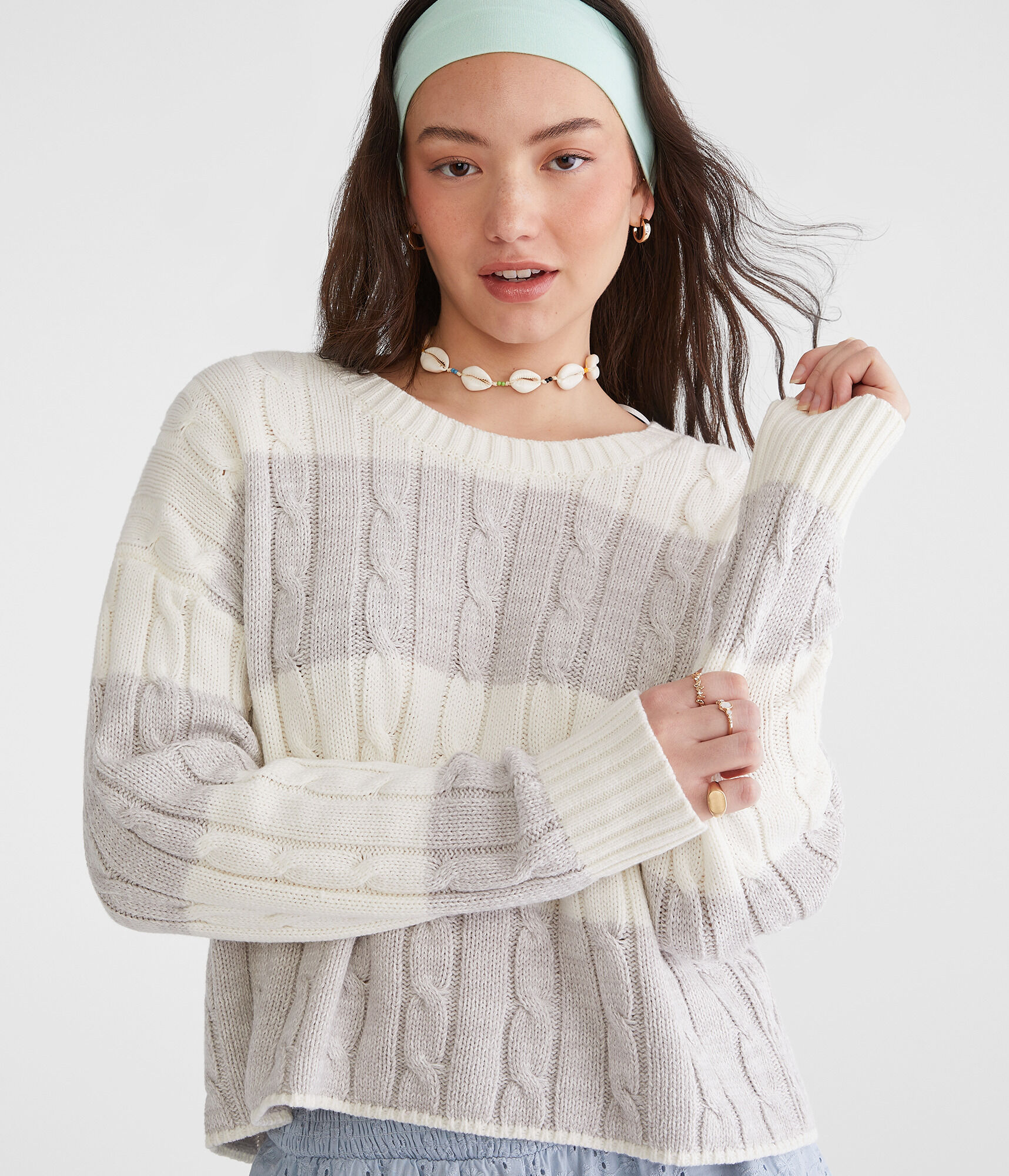Striped Cable Cropped Crew Sweater
