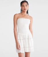 Solid Strapless Smocked Lace Drop-Waist Mini Dress