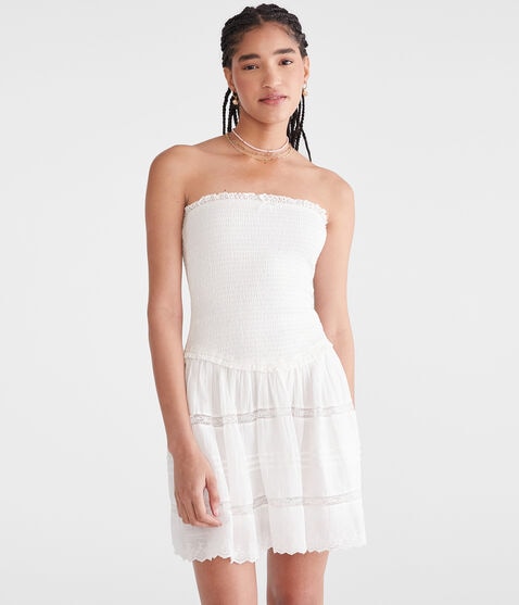 Solid Strapless Smocked Lace Drop-Waist Mini Dress Solid Strapless Smocked Lace Drop-Waist Mini Dress
