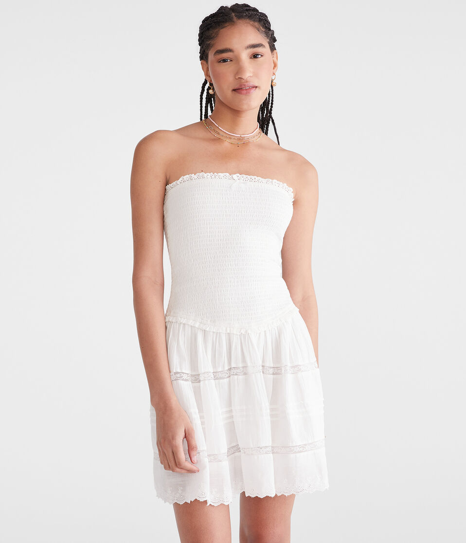 Solid Strapless Smocked Lace Drop-Waist Mini Dress