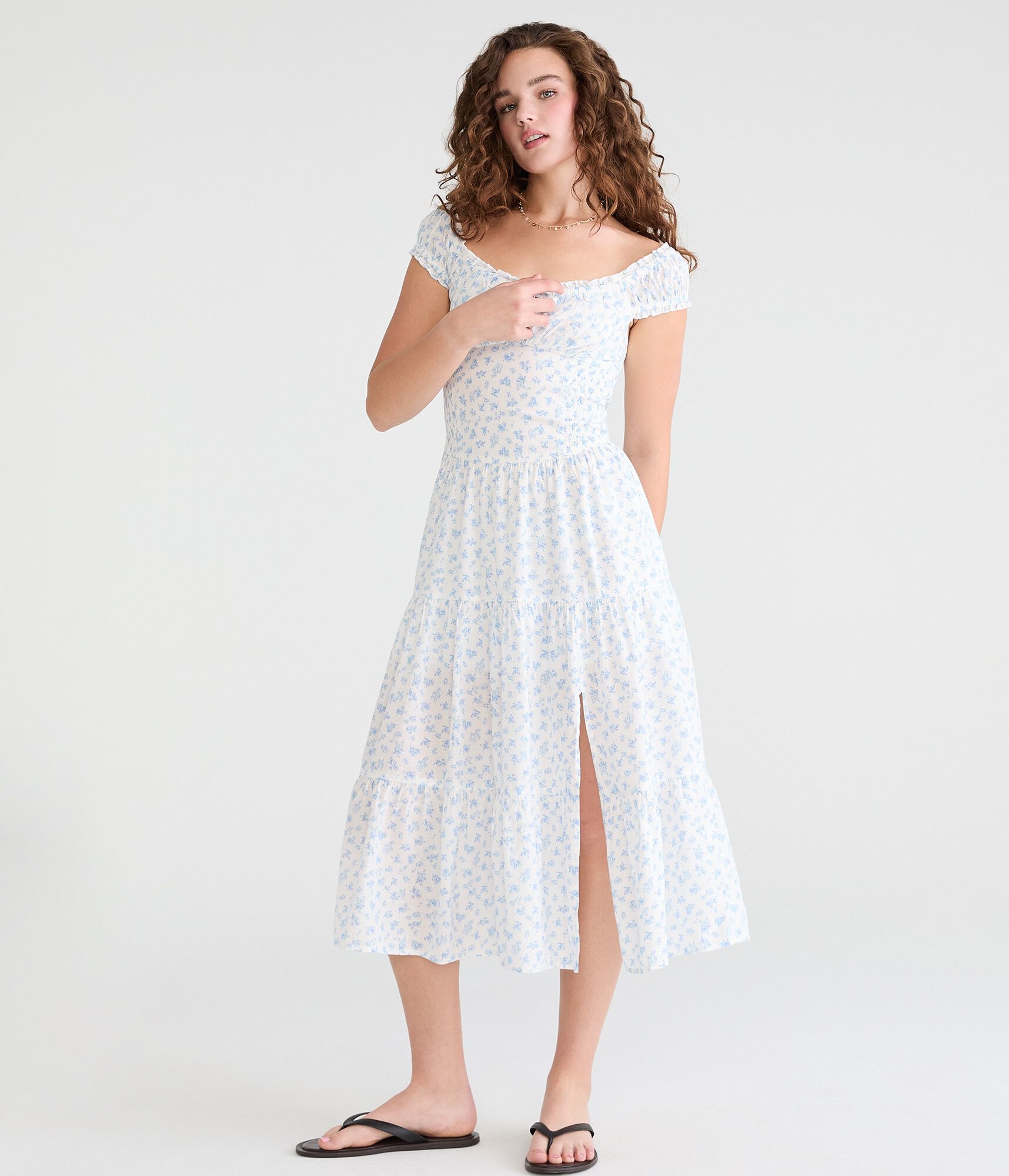 Floral Square-Neck Tiered Midi Dress