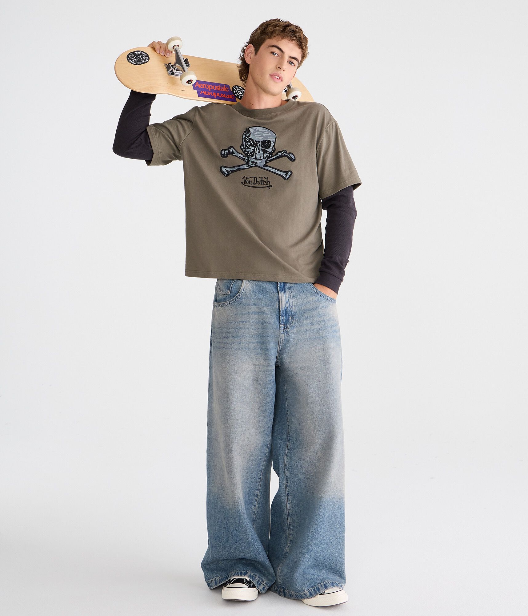 Von Dutch Long Sleeve Camo Skull Boxy 2Fer Tee