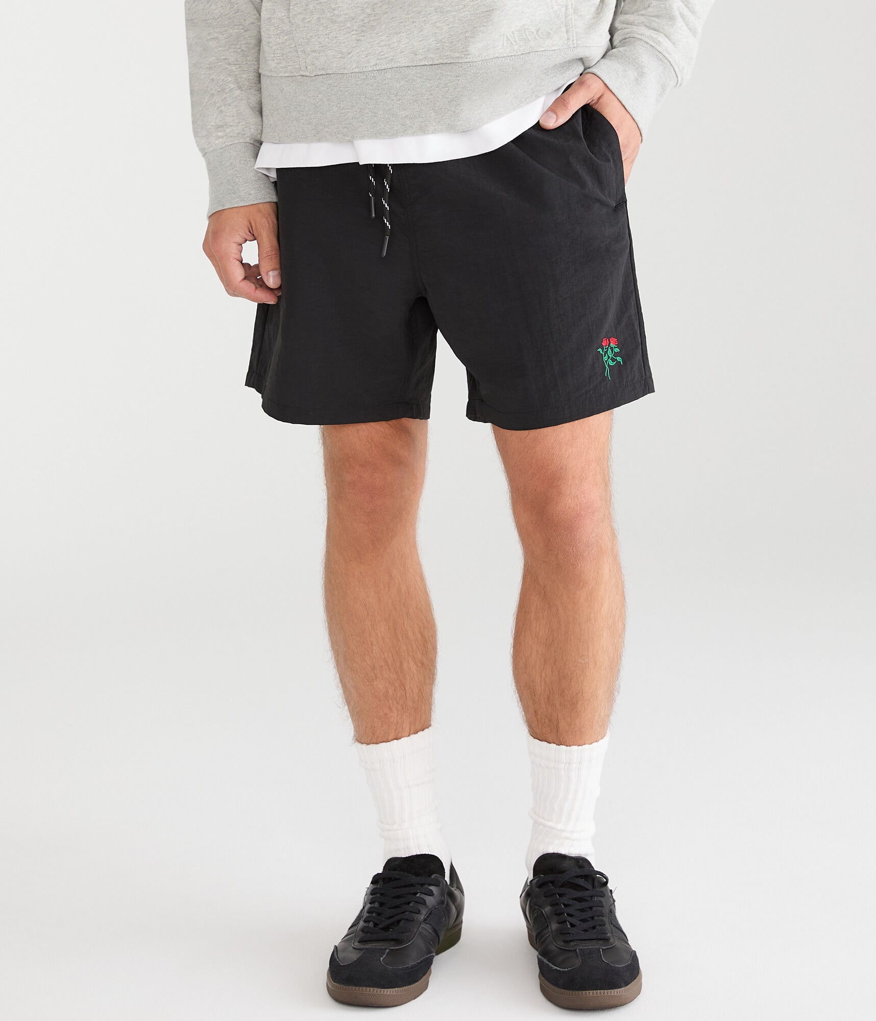 Embroidered Rose Nylon Shorts 6"