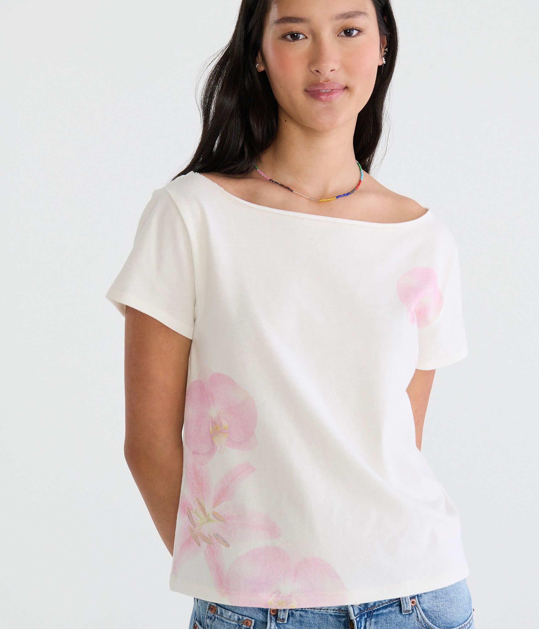 Seriously Soft Faded Flowers Off-The-Shoulder Vintage Fit Tee