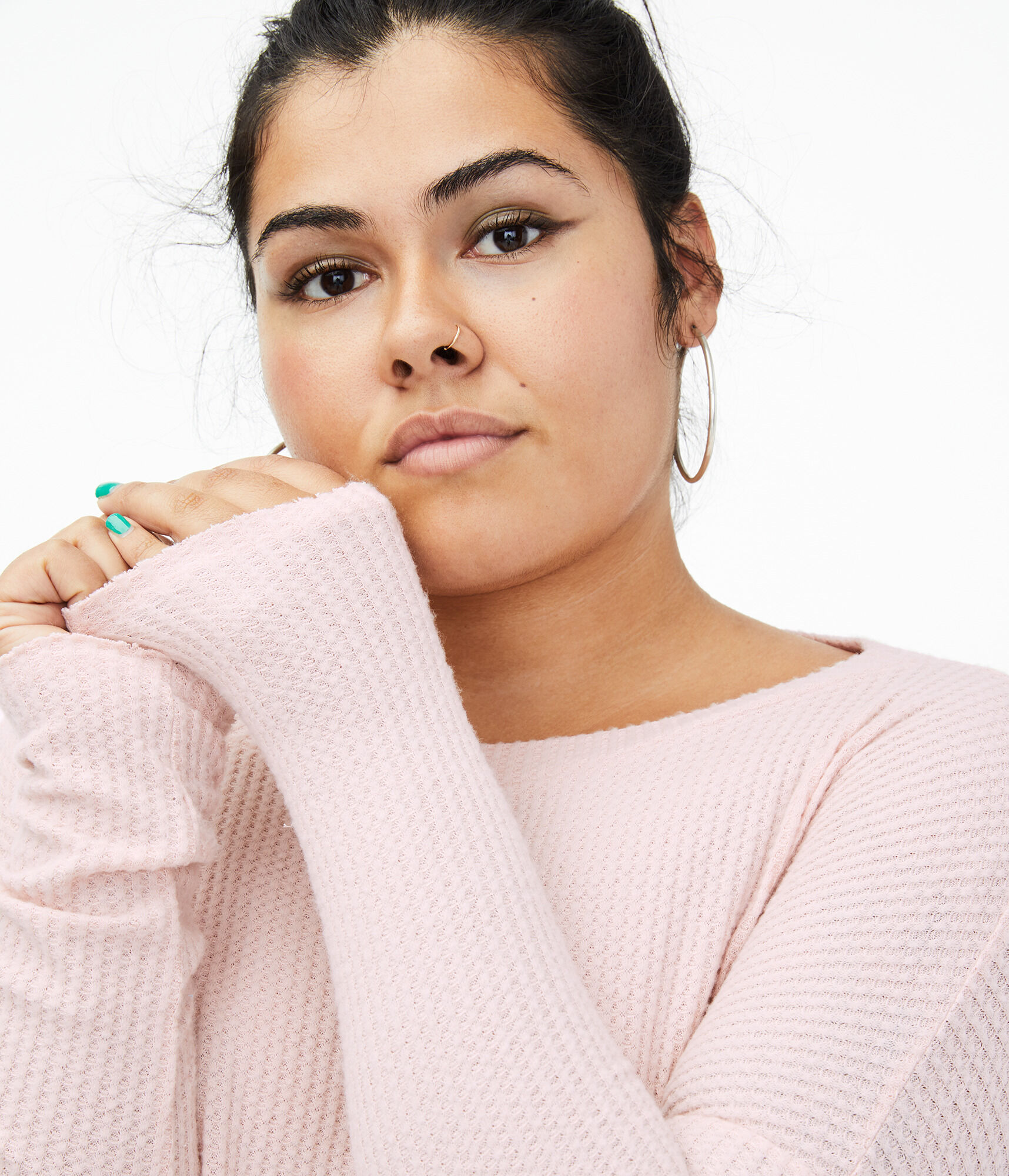 Long Sleeve Waffle-Knit Boat-Neck Top