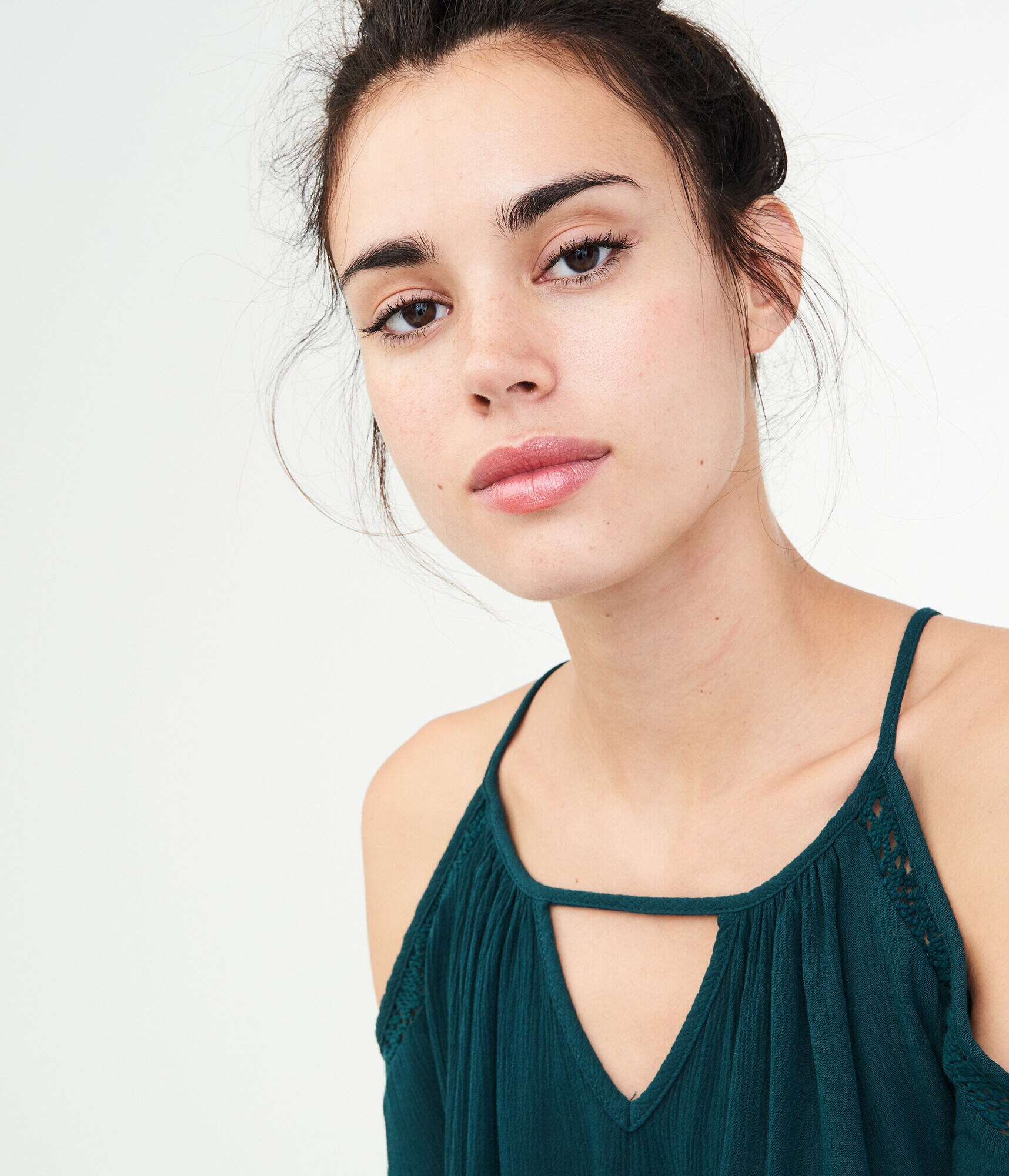 Long Sleeve Lace-Trim Cold-Shoulder Top