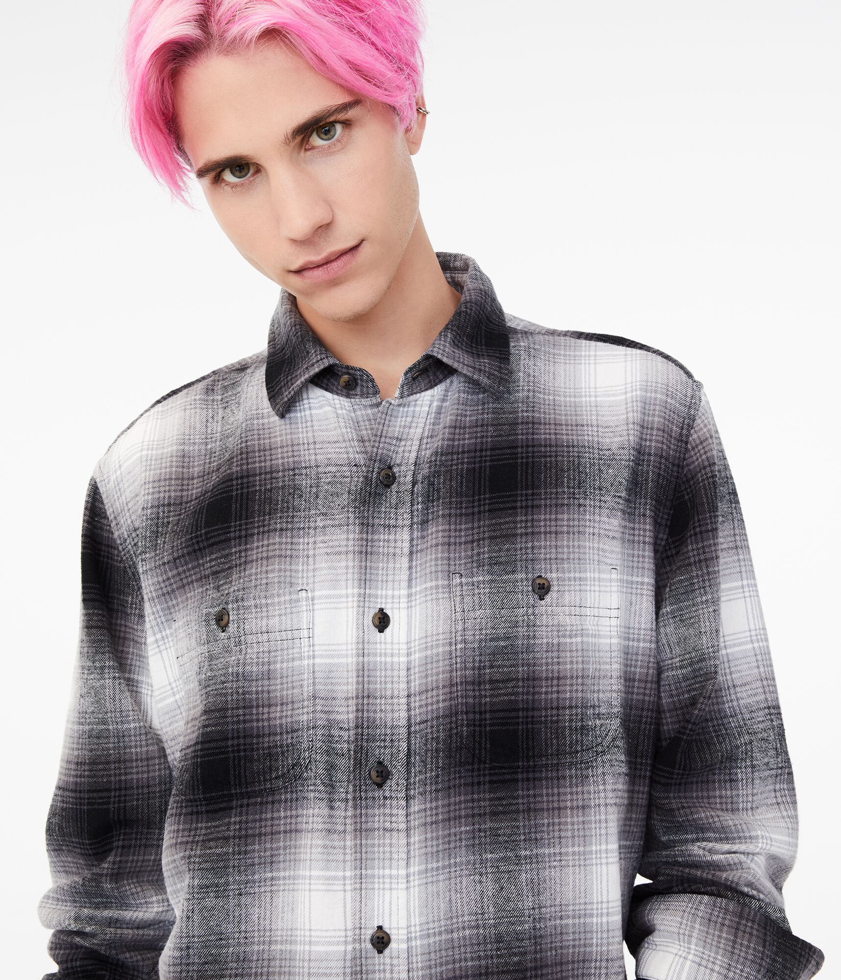 Long Sleeve Blurred Plaid Button-Down Shirt