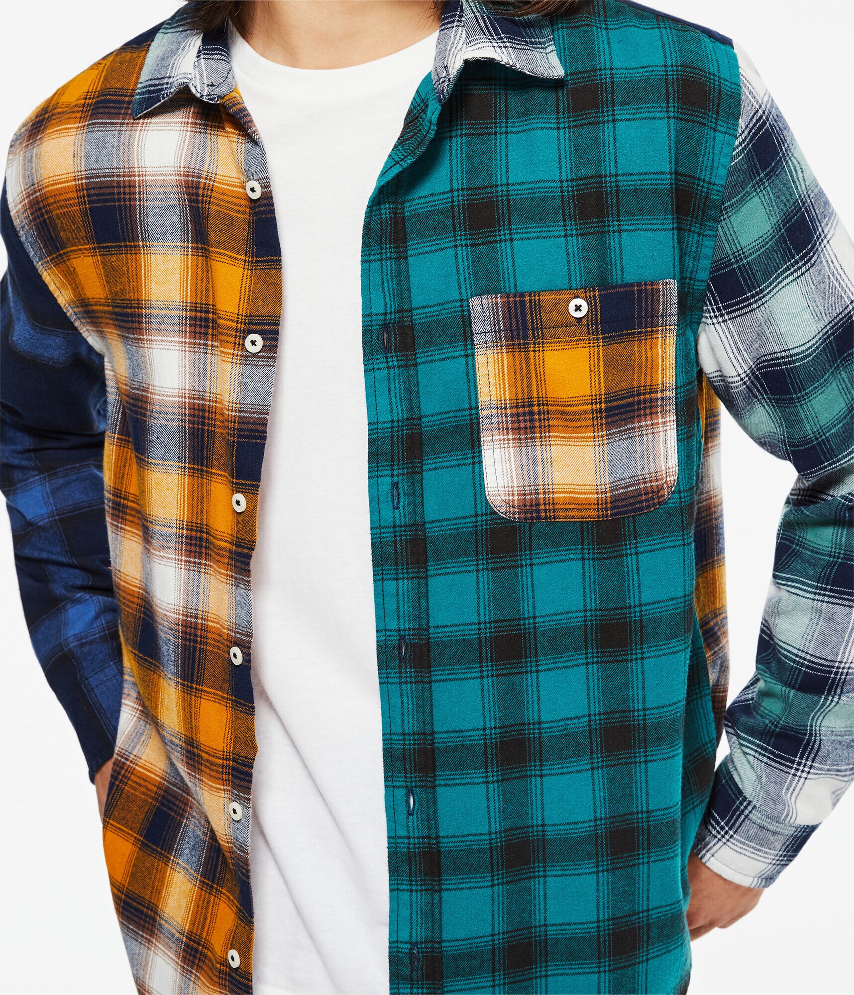 Long Sleeve Split Plaid Flannel Button-Down Shirt