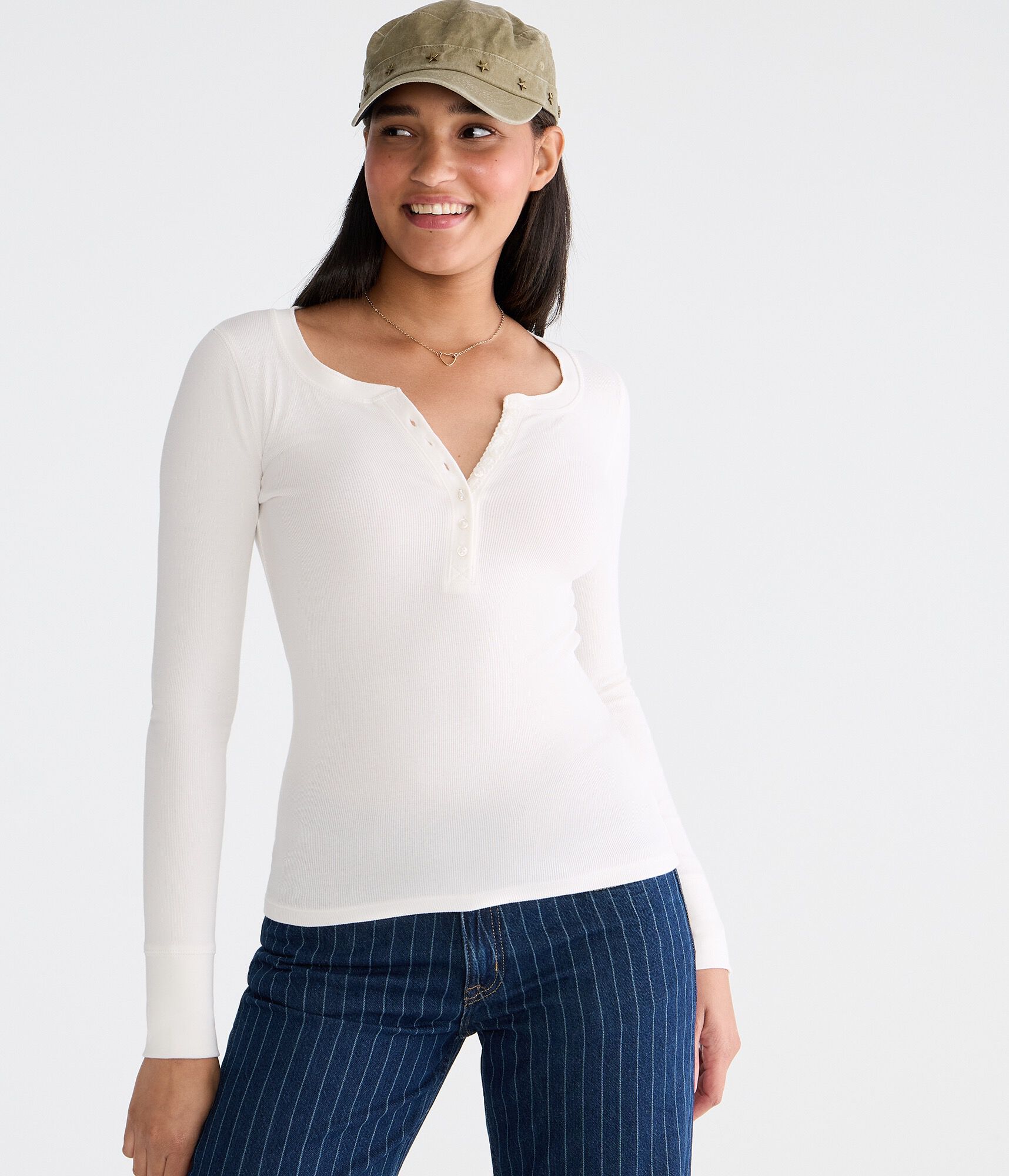 Long Sleeve Solid Ribbed Henley