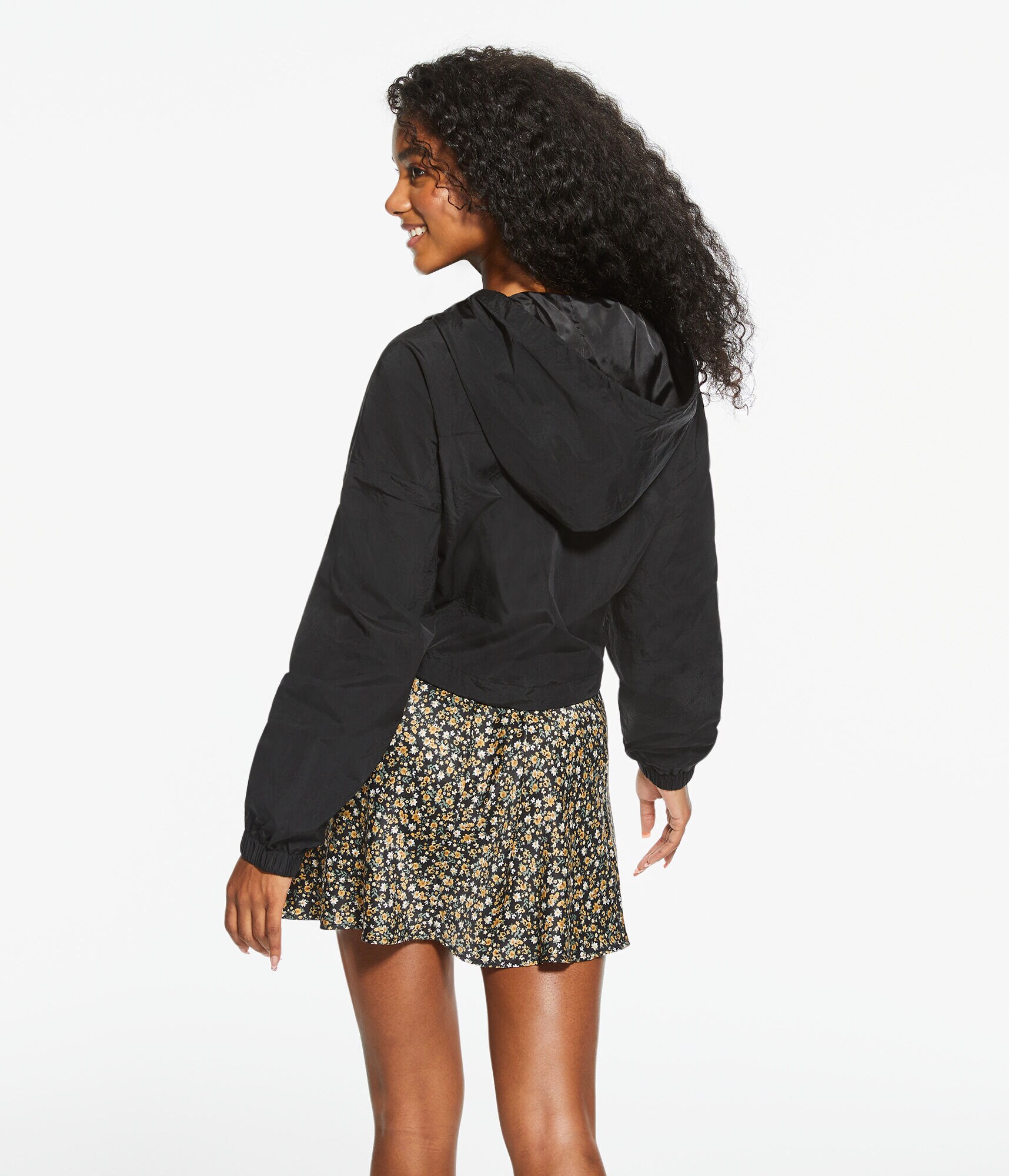 Solid Cropped Hooded Windbreaker Jacket