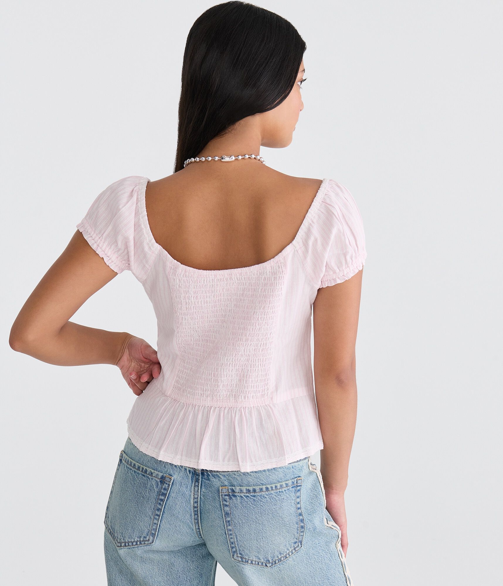 Striped Button-Front Scoop-Neck Blouse