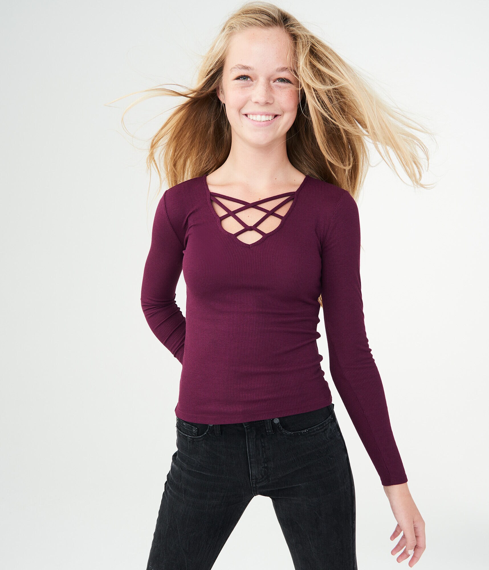 Long Sleeve Solid Lace-Up Bodycon Top