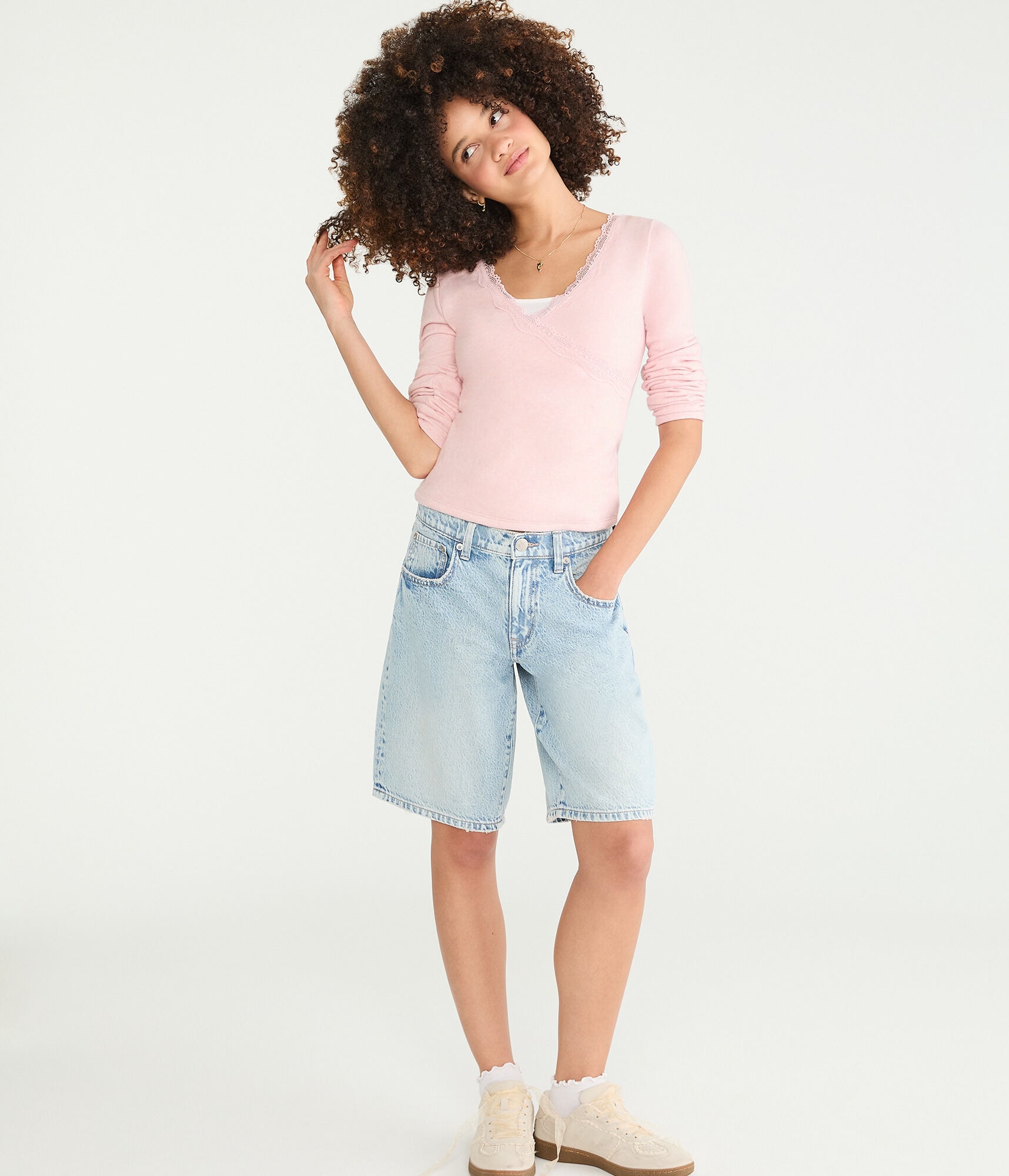 Long Sleeve Crossover Lace V-Neck Tee