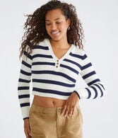Striped Hooded Cropped Henley Sweater