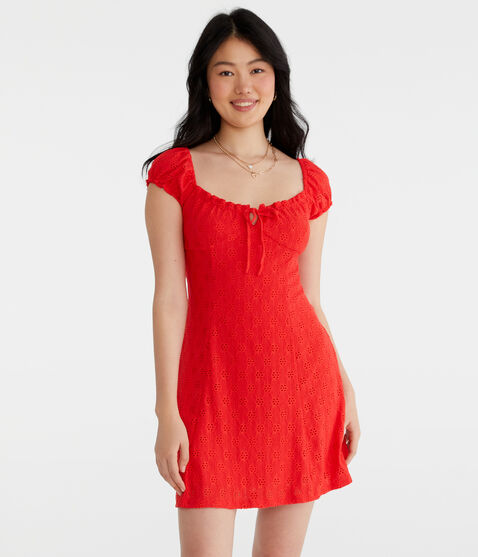 Solid Scoop-Neck Eyelet Empire Mini Dress