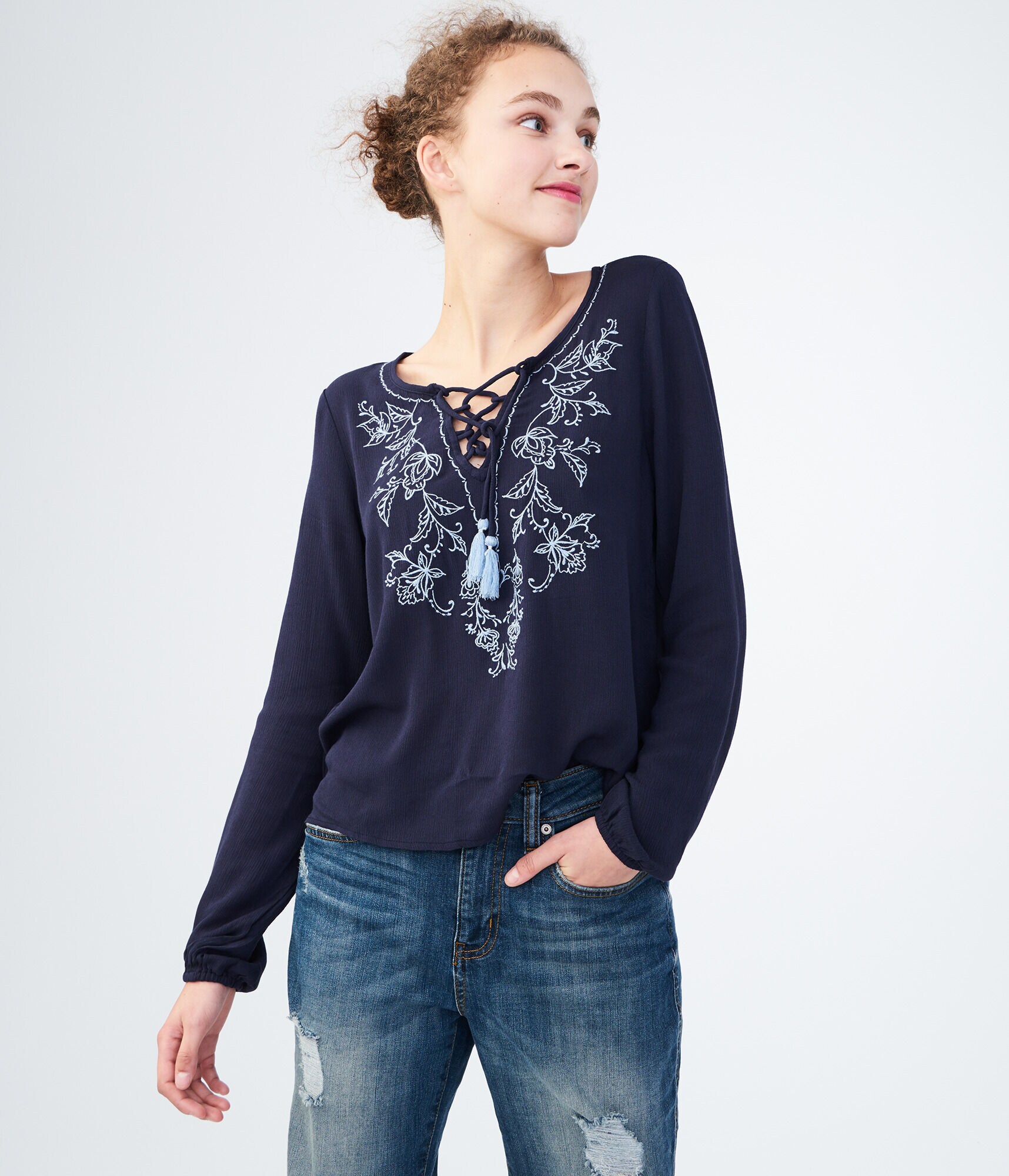 Long Sleeve Embroidered Peasant Top