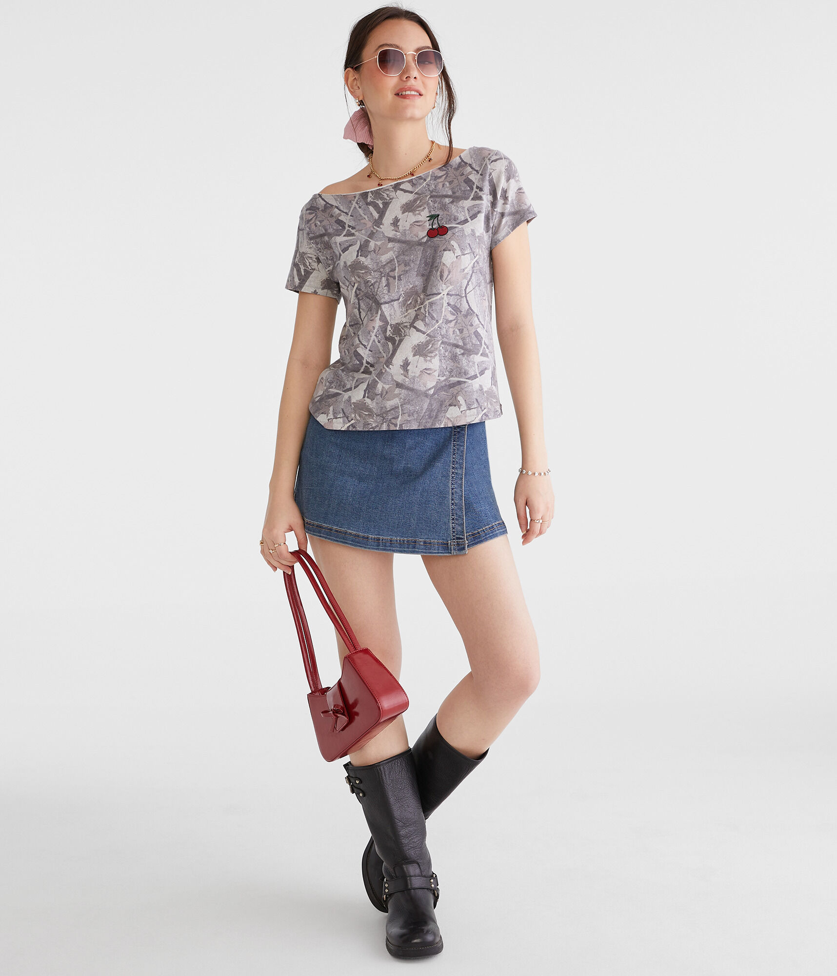 Low-Rise Denim Wrap Mini Skort