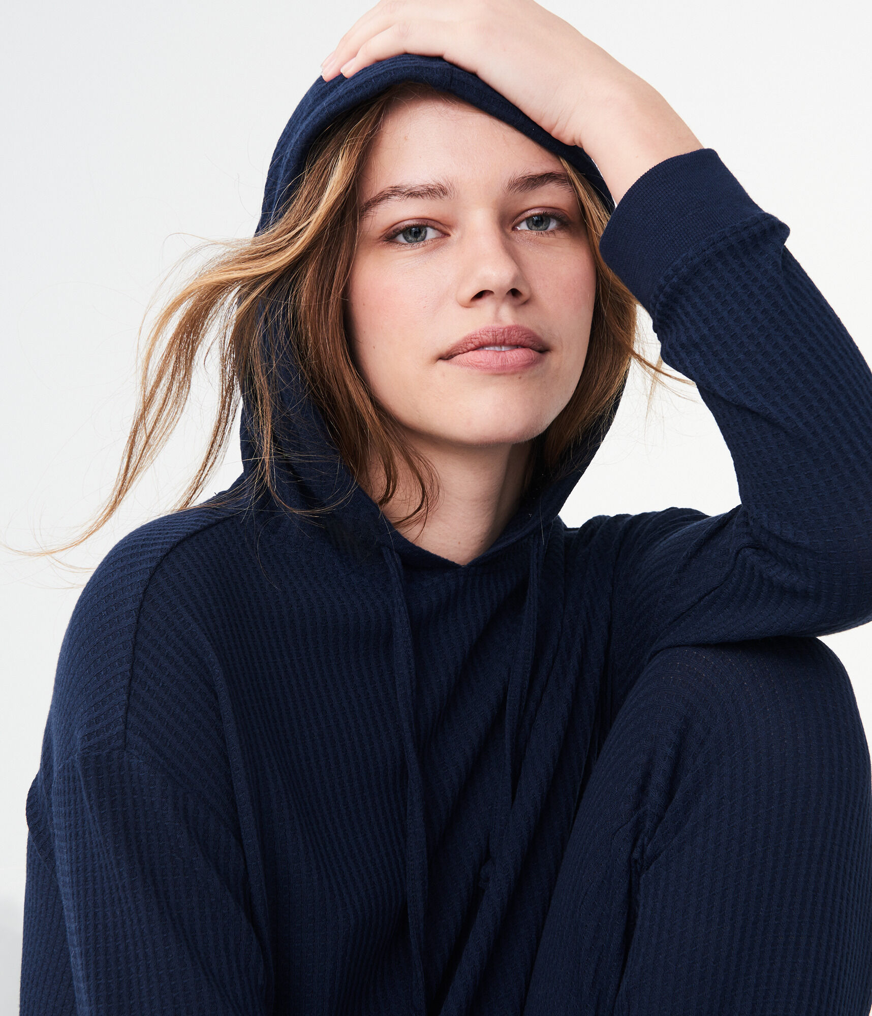 LLD Long Sleeve Solid Waffle-Knit Hooded Top