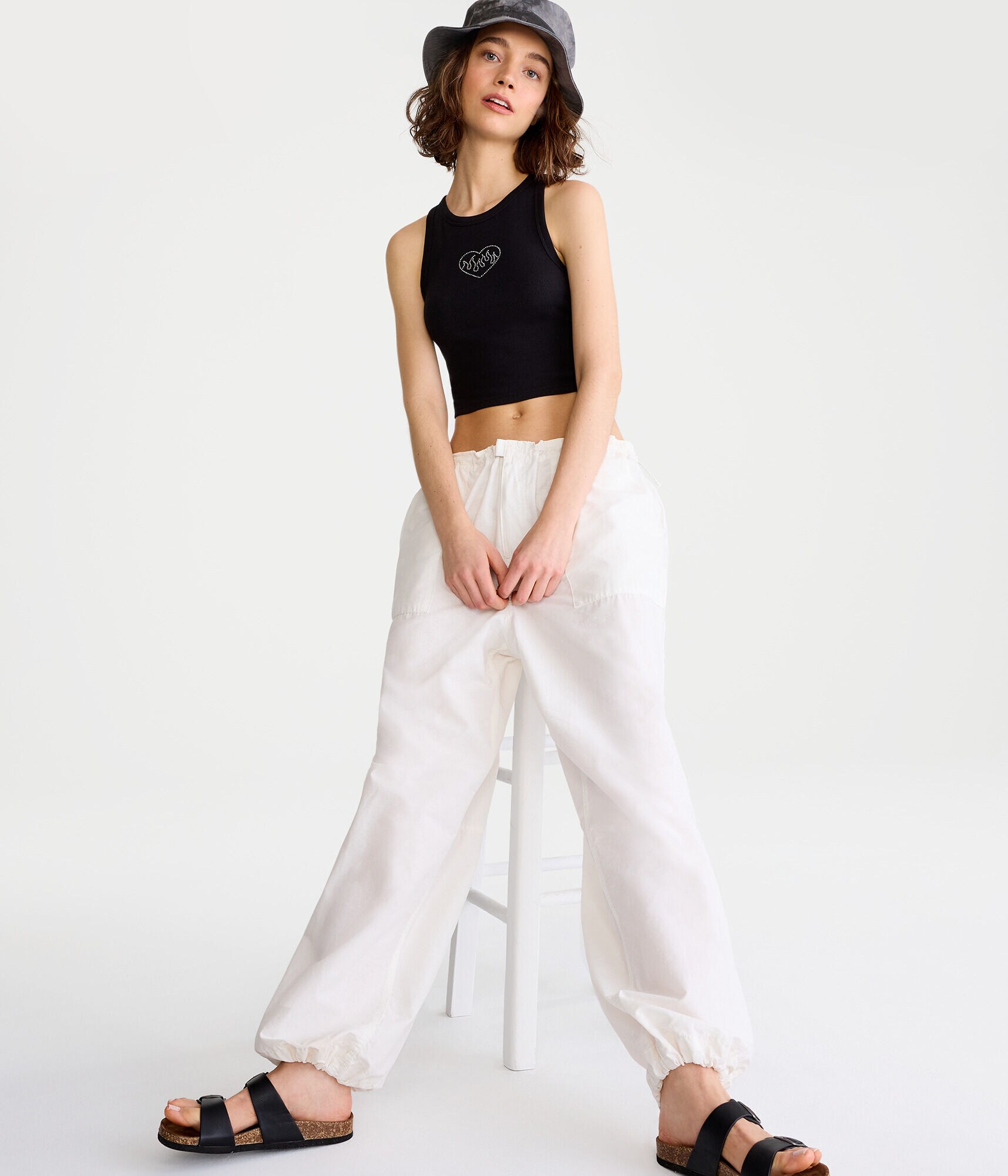 Rhinestone Heart High-Neck Cropped Tank