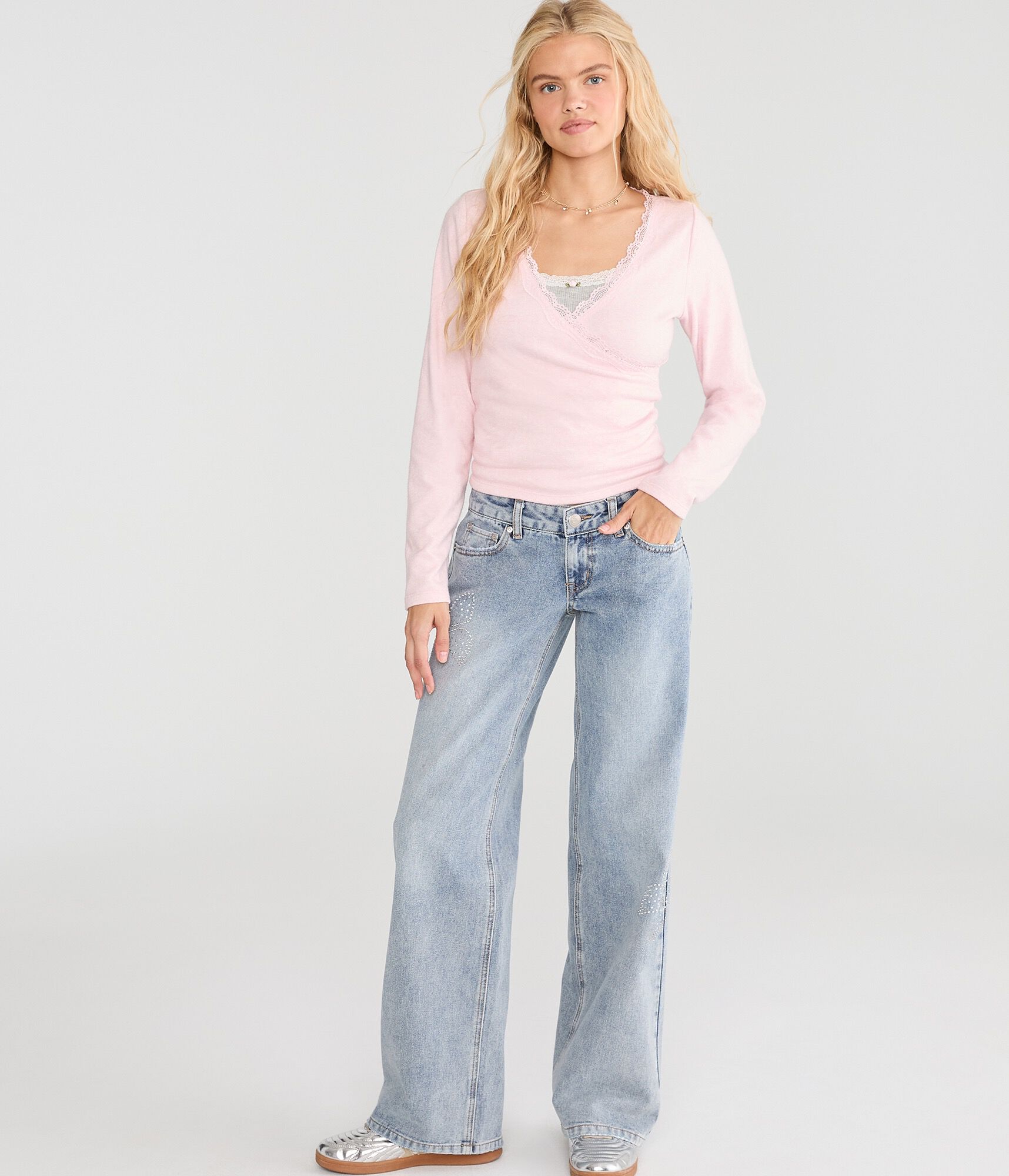 Super Low-Rise Baggy Wide Leg Rhinestone Butterfly Jean