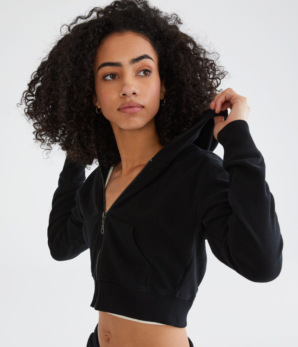 Solid Cropped Full-Zip Hoodie