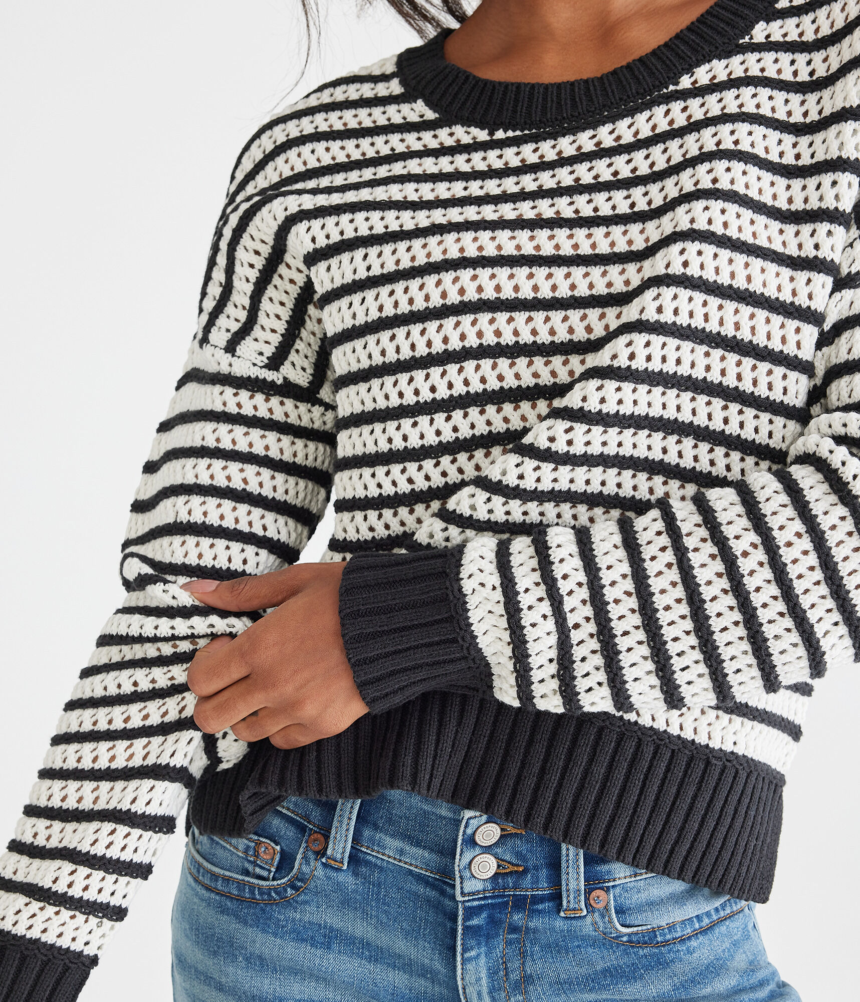 Striped Open Knit High-Low Crew Sweater