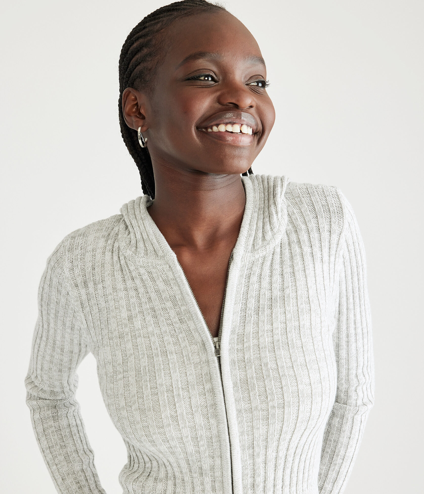 Ribbed Cropped Zip-Front Hooded Sweater