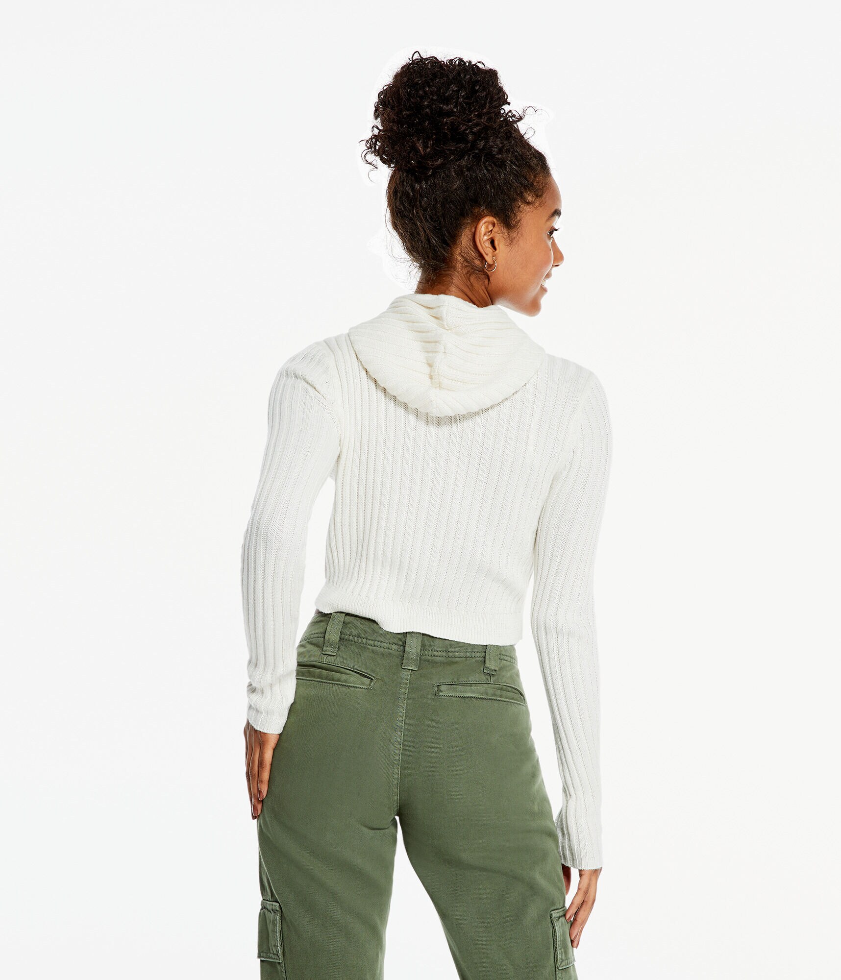 Ribbed Full-Zip Cropped Hooded Sweater