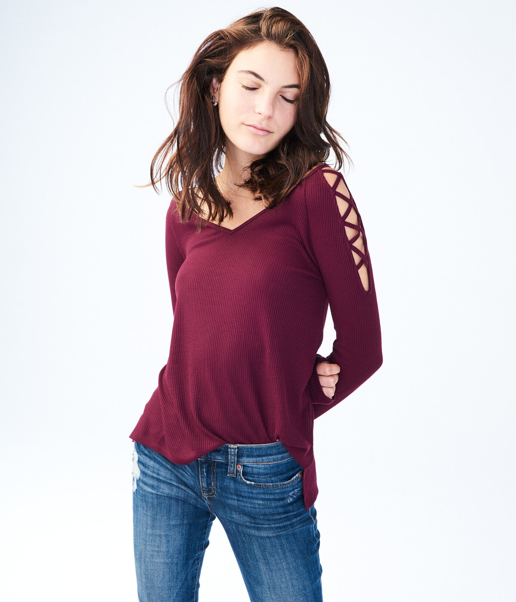 Long Sleeve Strappy Shoulder V-Neck Top