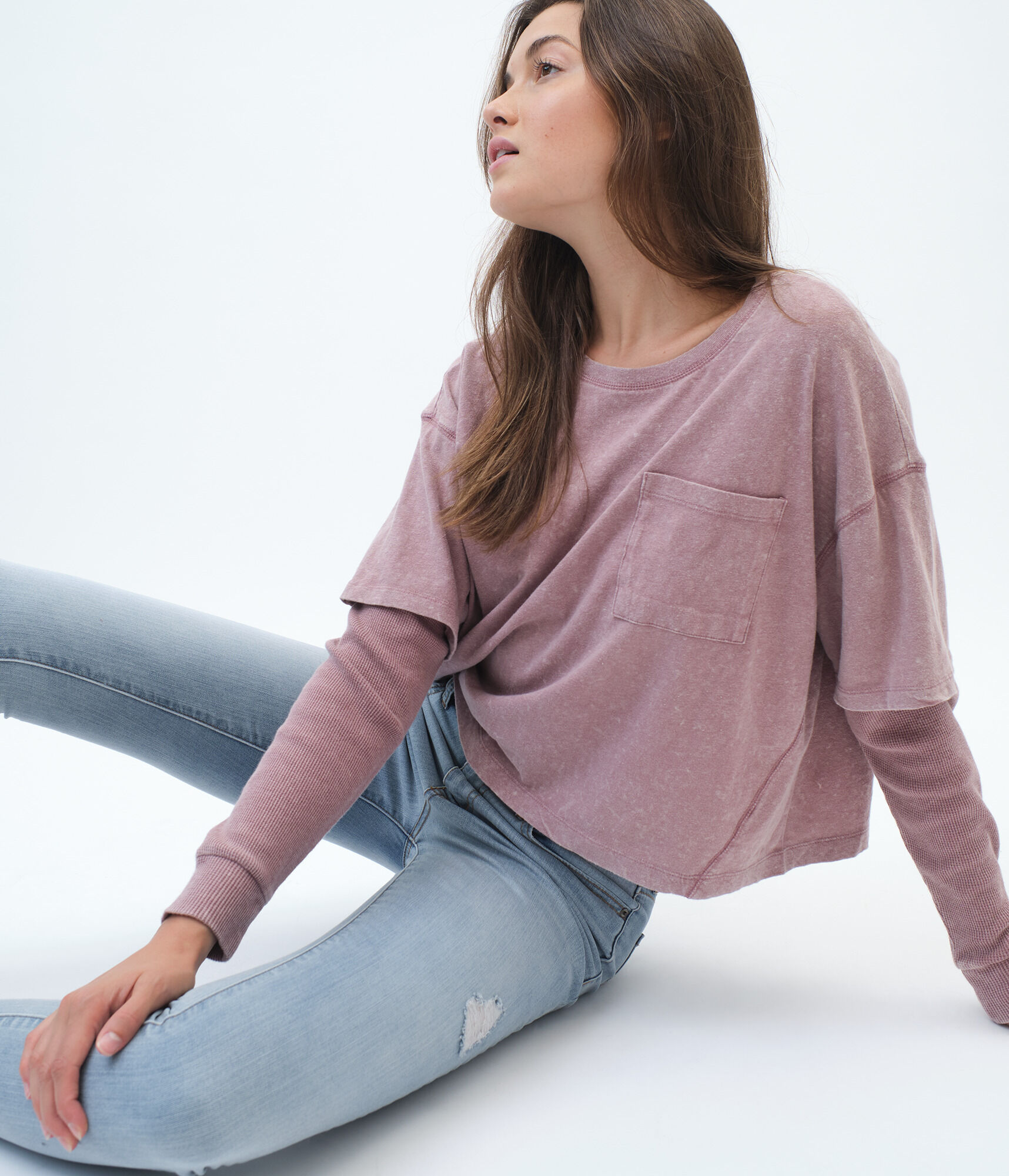 Long Sleeve Washed Boyfriend Twofer Tee