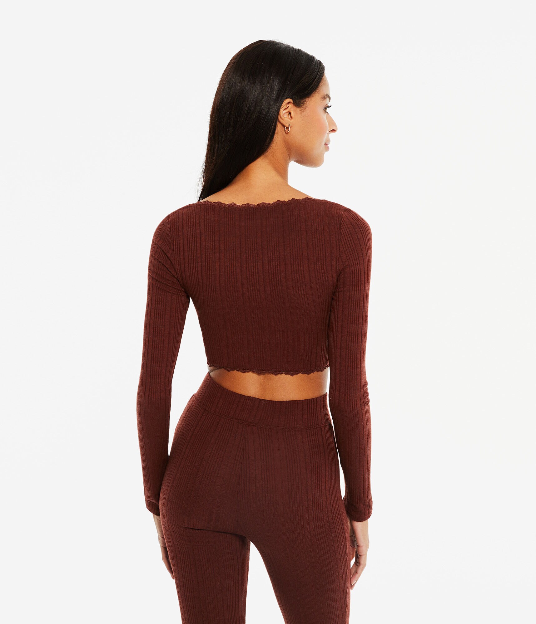 Long Sleeve Ribbed Lace-Trim Cropped Sleep Top