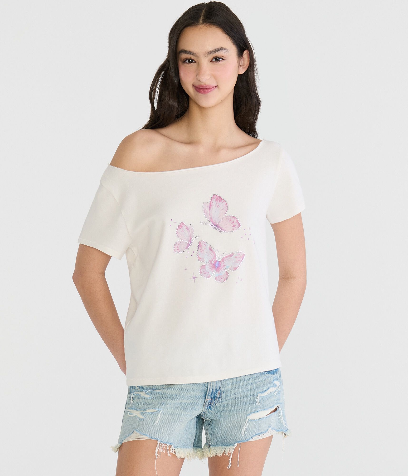 Seriously Soft Rhinestone Butterfly Off-The-Shoulder Vintage Fit Tee