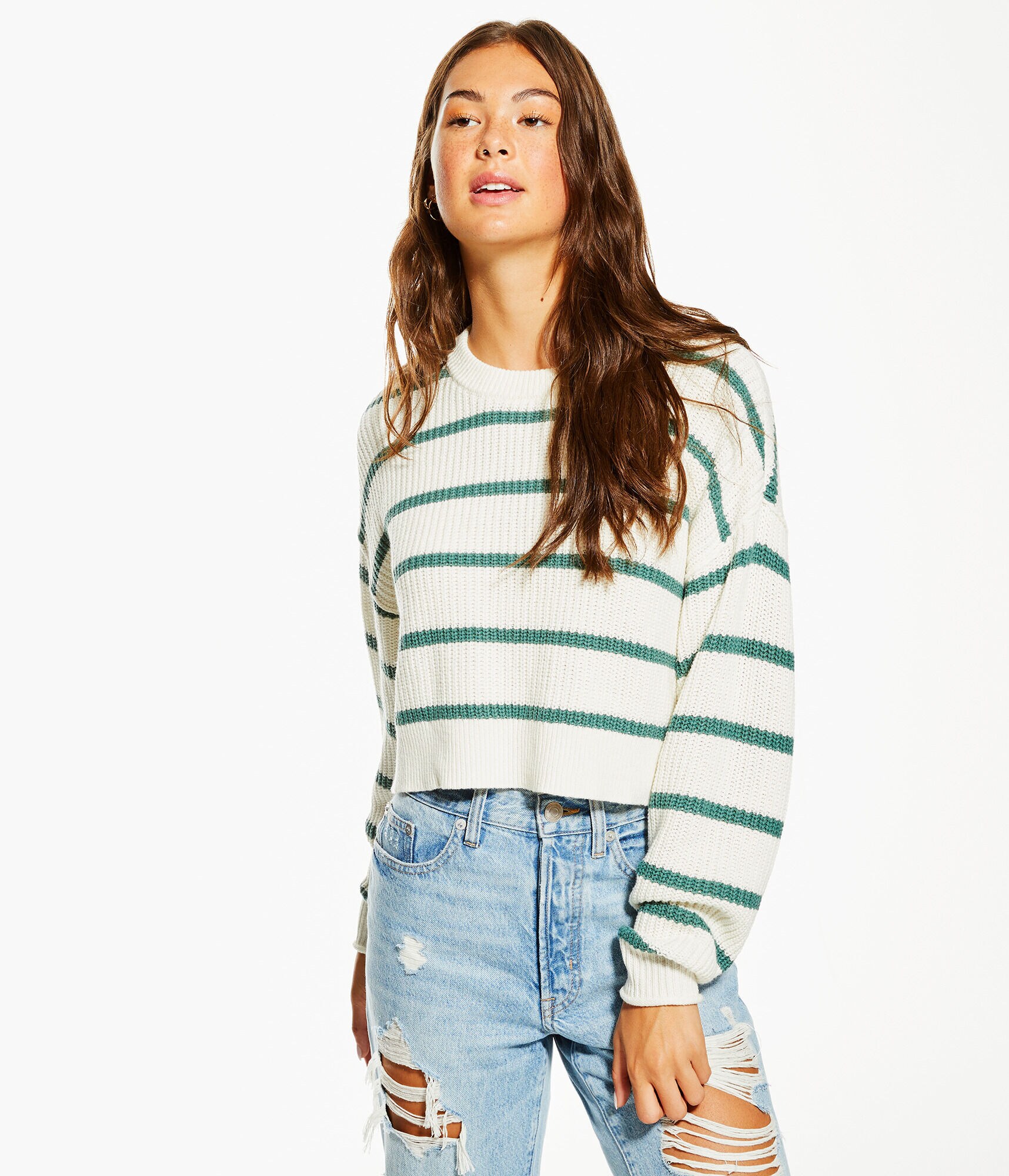 Striped Cropped Crew Sweater